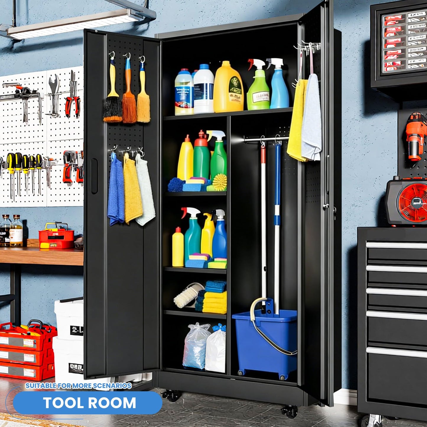 BIZOEIRON Metal Garage Storage Cabinet with Pegboard and Hanging Rod, 71'' Tall Metal Broom Closet Storage Cabinets, Rolling Tool Cabinet on Wheels for Garage, Utility Room (Black)