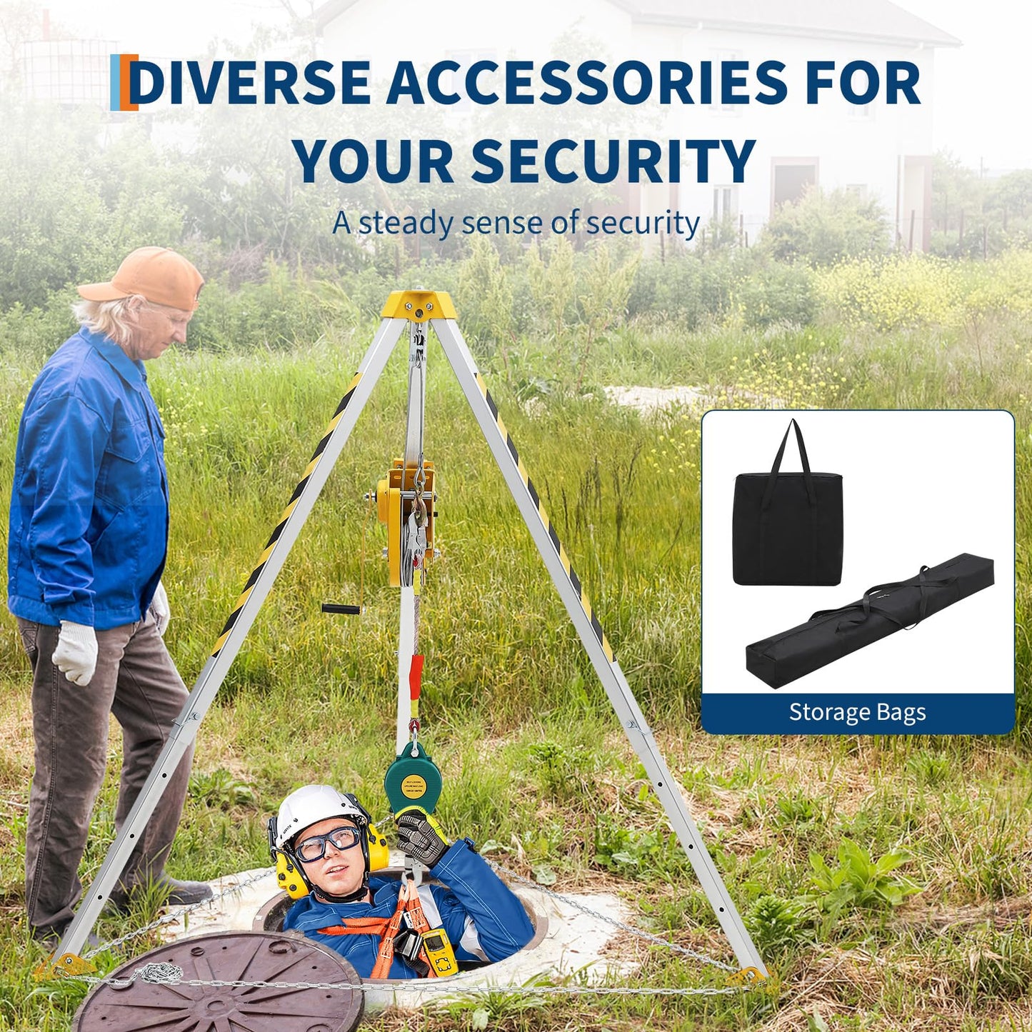 Confined Space Aid Tripod Kit – 1200 Lb Winch, 8' Adjustable Steel Legs, 98' Anti-Rotation Cable, 33' Fall Protection, Fall Arrester, Storage Bag – Industrial Equipment for Manhole & Tunnel Ope