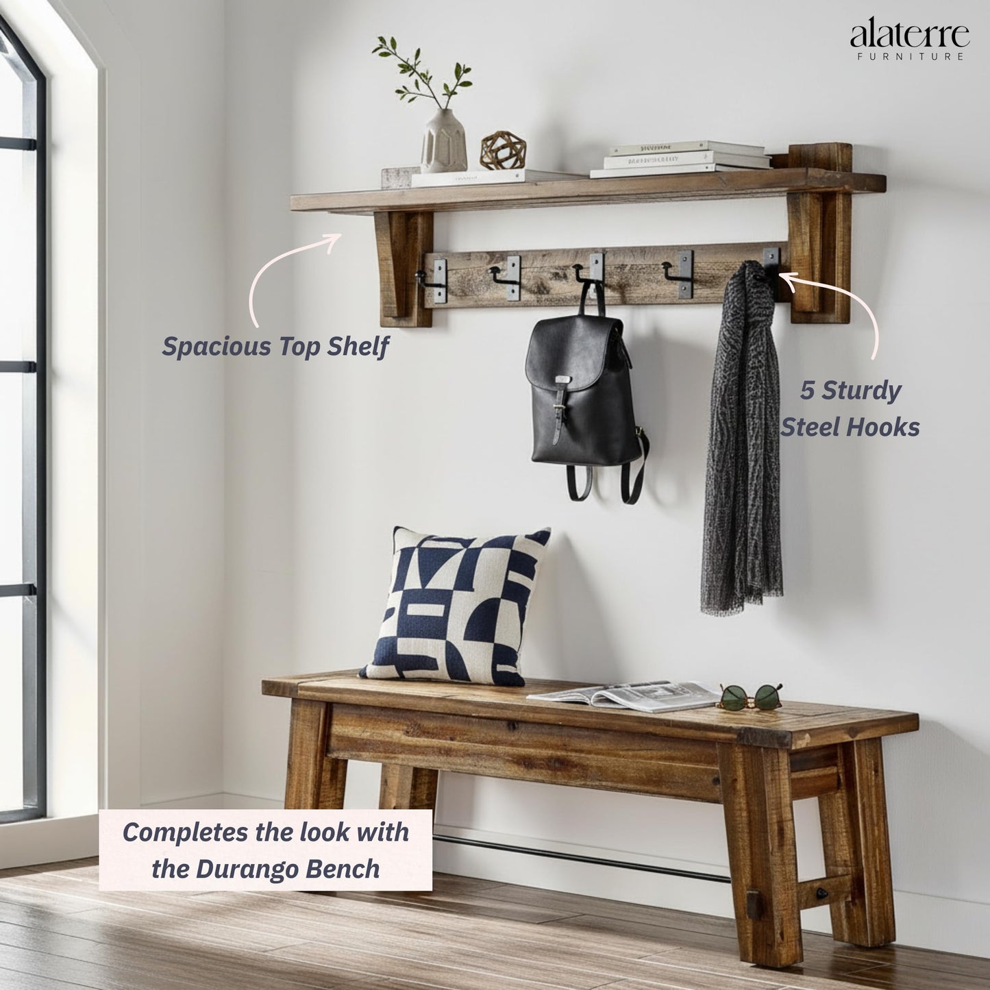 Alaterre Furniture Durango 60 Inch Solid Wood Entryway Organizer - Rustic Industrial Farmhouse Wall Mounted Coat Rack with Shelf and 5 Black Metal Hooks for Mudroom, & Living Room (Natural)