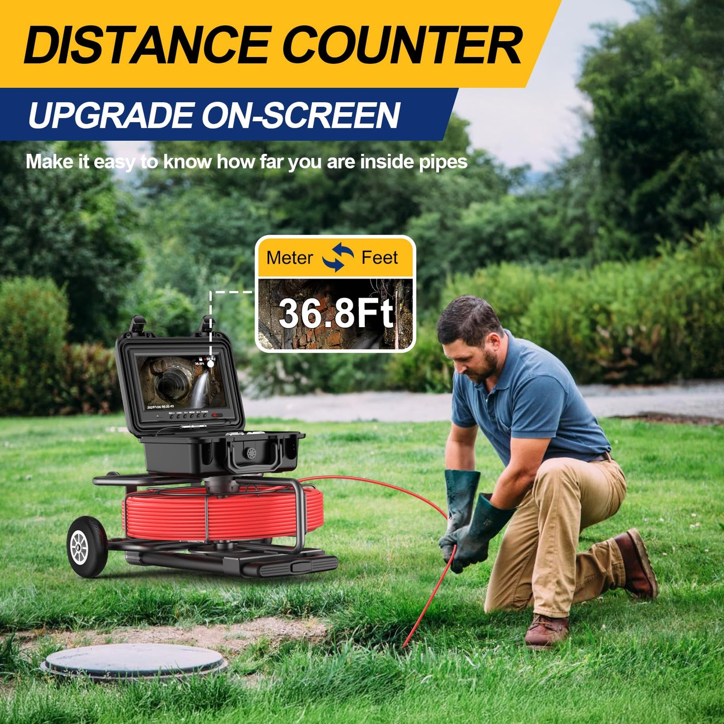 Anysun All in 1 Sewer Camera with Locator & Wheels & Pull Handle, 7MM Cable, Self Leveling, Distance Counter, 32GB Card, 9'' HD Monitor, Pipe Drain Inspection Camera IP68 Borescope (300FT/91.5M)