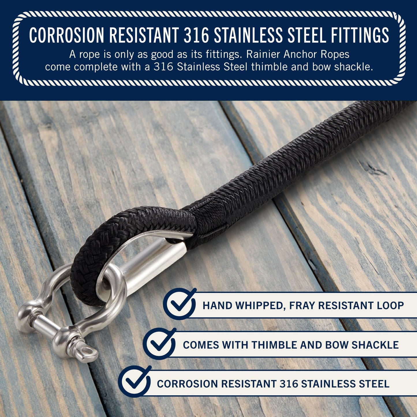 RainierSupplyCo Boat Anchor Rope - Double Braided Marine Rope Anchor Line - 50 ft x 1/4 Inch Nylon Boating Line with 316 Stainless Steel Thimble and Heavy Duty Marine Grade Bow Shackle - Black