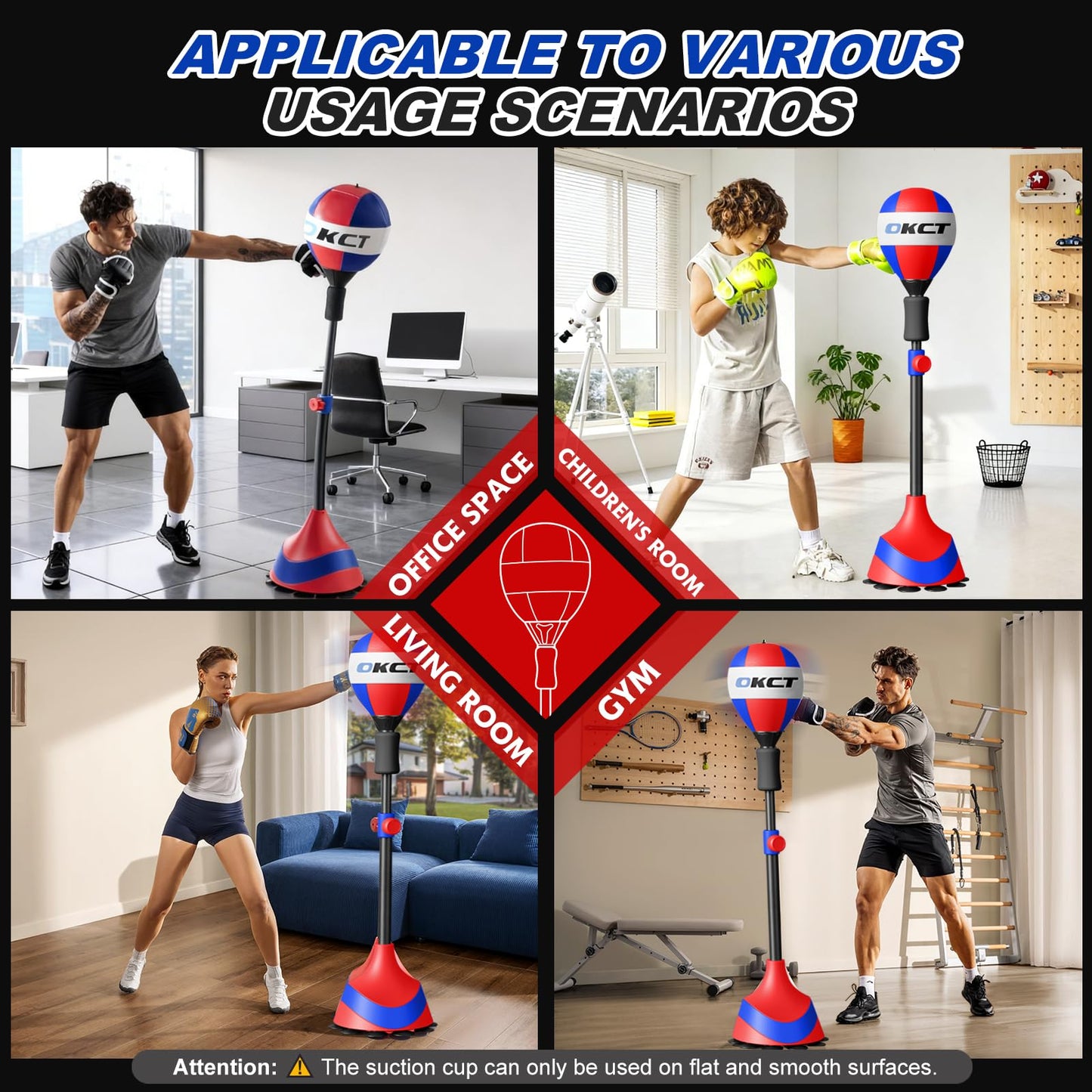 Punching Bag with Adjustable Height Stand, Thickened Steel Frame, Reflex Boxing Ball for Home Gym Equipment, Includes Floor Mat, Gloves & Pump, for Adults & Kids(Red)