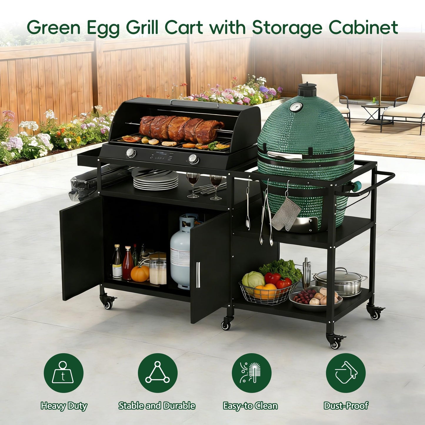 Mobile Grill Cart Compatible with Big Green Egg, Heavy Duty Metal Grill Table for Large/Medium Ceramic Charcoal Grills, Outdoor Kitchen Island Prep Station with Storage Cabinet, 6 Wheels