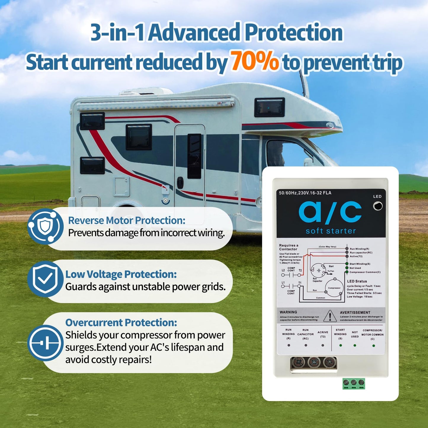 ZUCCIO 16-32A Air Conditioner Soft Start Module for 4-7 Ton AC Units, Reverse Motor Protection, 70% Less Startup Current, Quiet Start, for Home/RV/Generator & Easy DIY Install