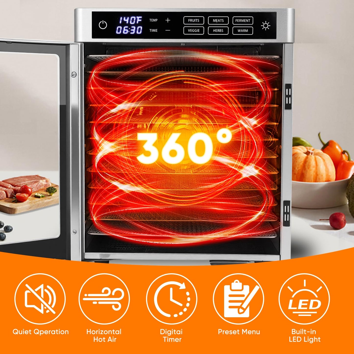 Commercial Food Dehydrator 12 Tray Stainless Steel with One-Touch Presets, 800W Professional Jerky Maker with Dual Fans, 360° Airflow, 86°F-185°F Digital Timer for Herbs, Fruits, Dog Treats