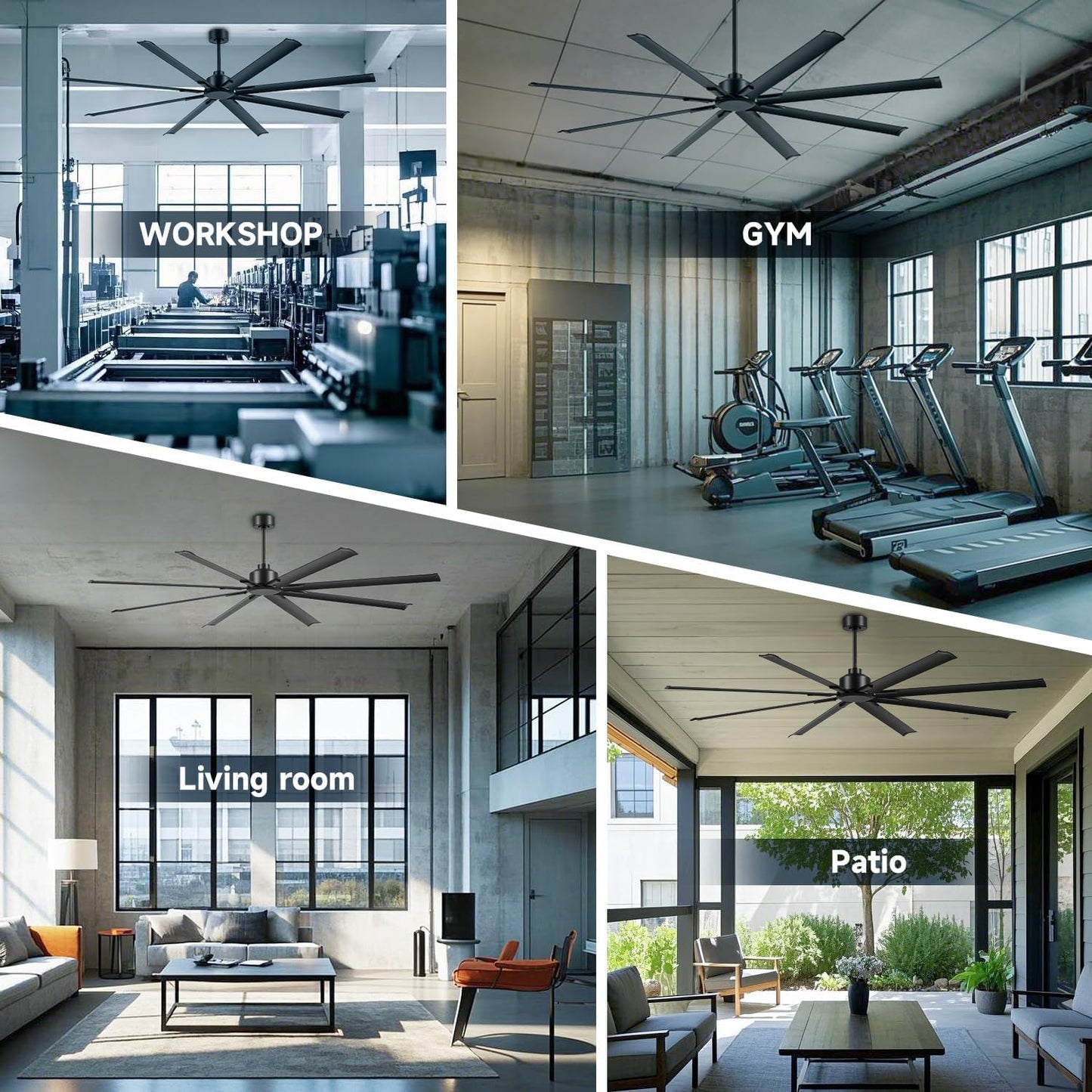 ZOEYON 96 Inch Industrial Ceiling Fan - Large Ceiling Fan with DC Motor, 3 Downrods, 6-Speed Remote Control, 8 Reversible Aluminum Blades, Black Commercial Ceiling Fans for Shop/Gym/Warehouse/Garage