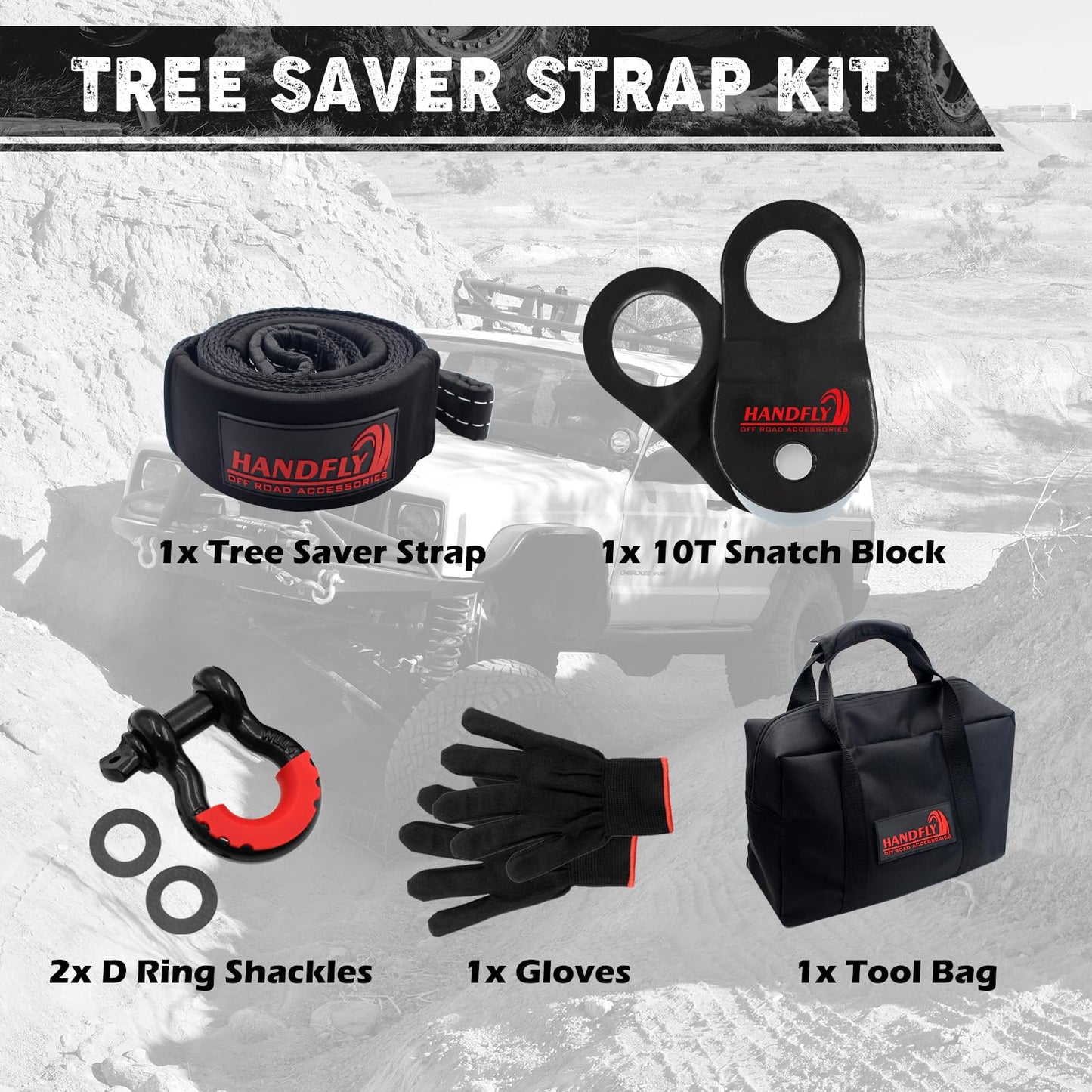 Handfly Offroad Recovery Kit, Tree Saver Tow Strap 3'' × 8ft Recovery Strap, 1pcs Hitch Receiver, 2pcs 3/4" D-Ring Shackles with Storage Bag for Truck Jeep SUV ATV