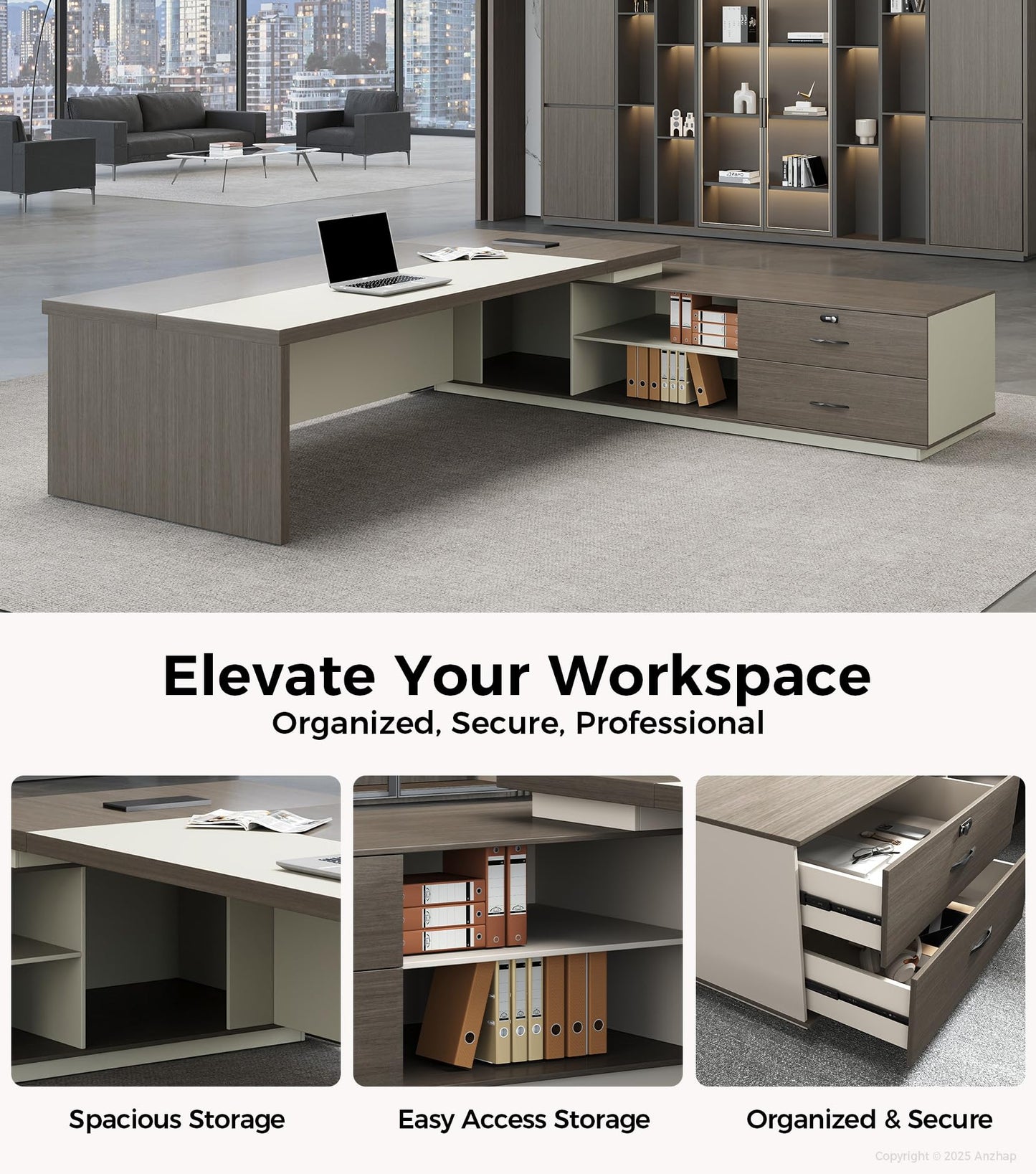 Anzhap 79" L-Shaped Executive Desk with Drawers, Large Modern Office Desk with Storage Shelves, LED Lighting, Built-in Outlet & USB Ports – Home Office Desk (Smoked Oak & Cream White, Right Return)