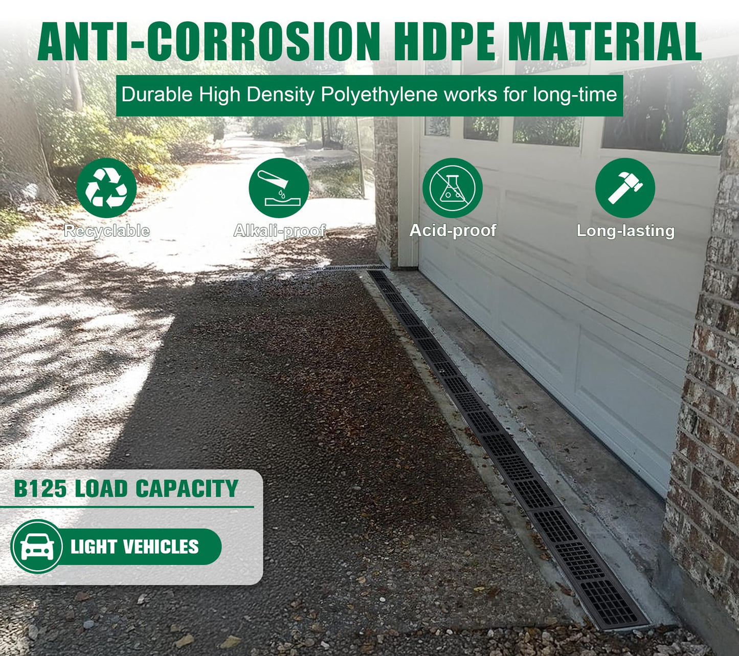 Natotela Driveway Channel Drain with HDPE Grate-39.4x6.1x5.5in Deep Profile Trench Drain System for Garage,6 Pack Total Length 236.22in,Heavy Duty Trench Drain for Parking Lot,Concrete