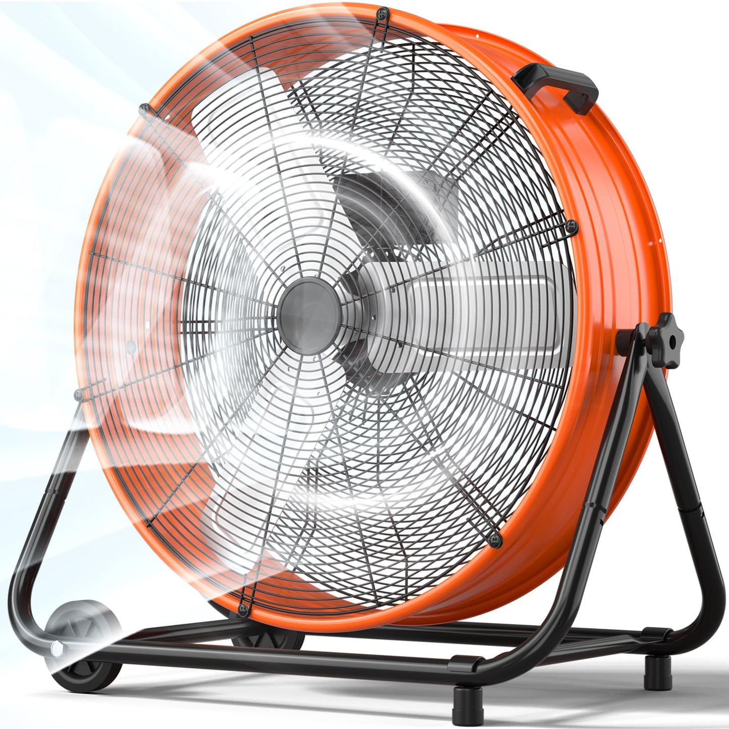 LifePlus 24 Inch Industrial Drum Fan, 320W High Velocity Floor Fan, 3 Speed Heavy Duty Metal Air Circulator, 360° Tilt with Casters Handle ETL Standard for Patios, Warehouse, Commercial, 8900CFM