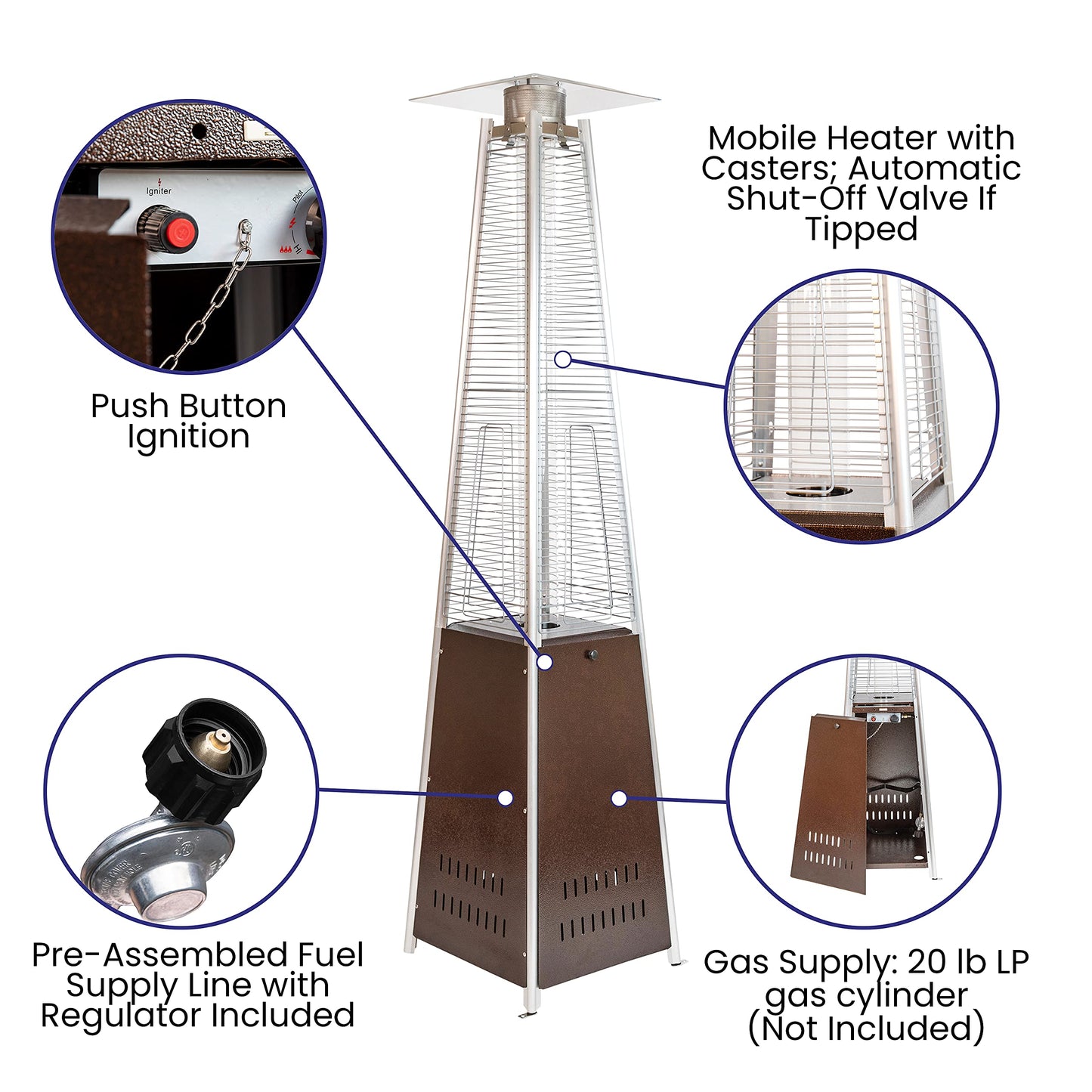 Flash Furniture Outdoor Patio Heater with Wheels - Bronze - 42,000 BTU - 7.5 Feet Tall - Stainless Steel - For Residential and Commercial Use, 90" High, Bronze