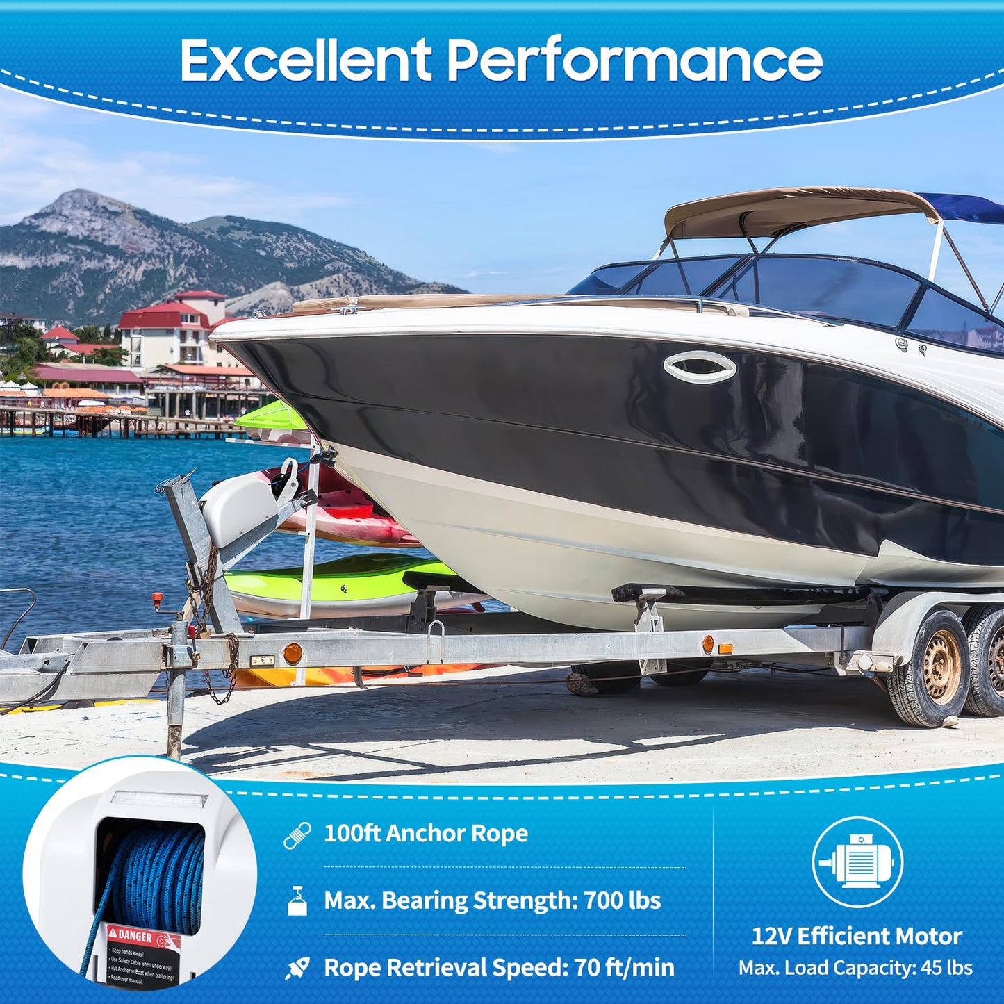 CUBELLIN 12v Electric Boat Anchor Winch 45lbs Capacity Boat Anchor Winch with Remote Control & 100ft Nylon Rope Saltwater Boat Windlass Kit for 24ft Fishing Vessel