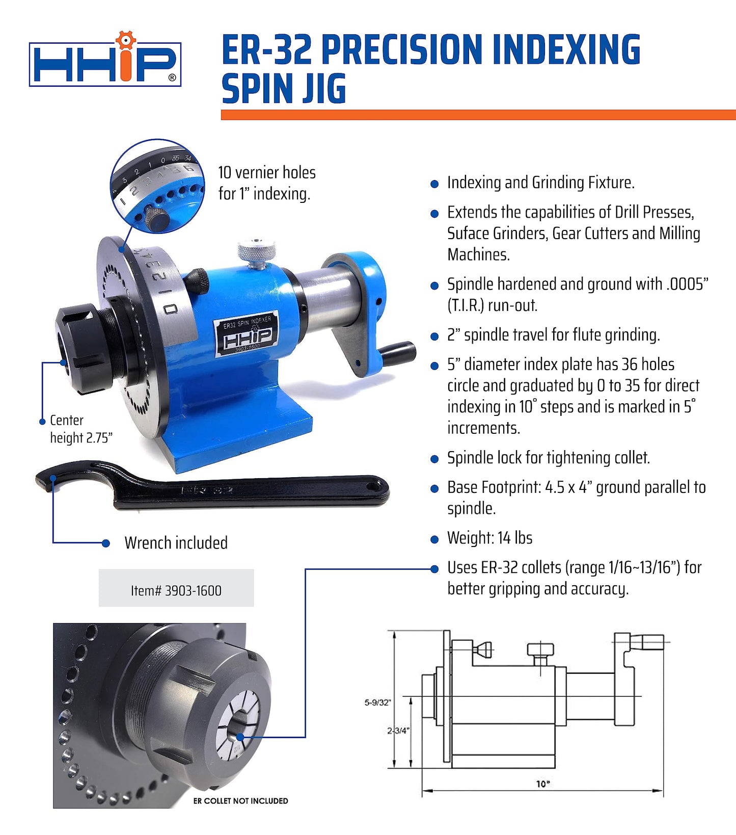 HHIP 3903-1600 Er-32 Indexing Spin Jig with Wrench
