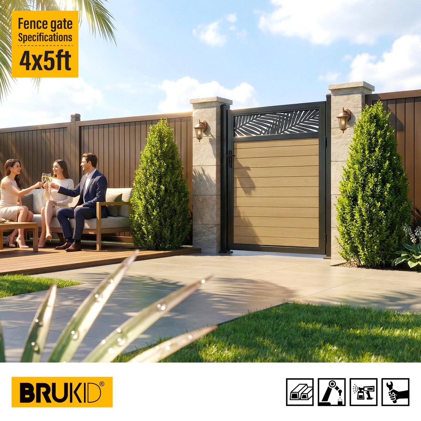 Brukid 4x5 FT Aluminum Fence Gate Kit Wood Grain Aluminum Gate with Decorative Cutout, Lock & Hinges, Left/Right Opening, Weather Resistant for Yard Garden Patio