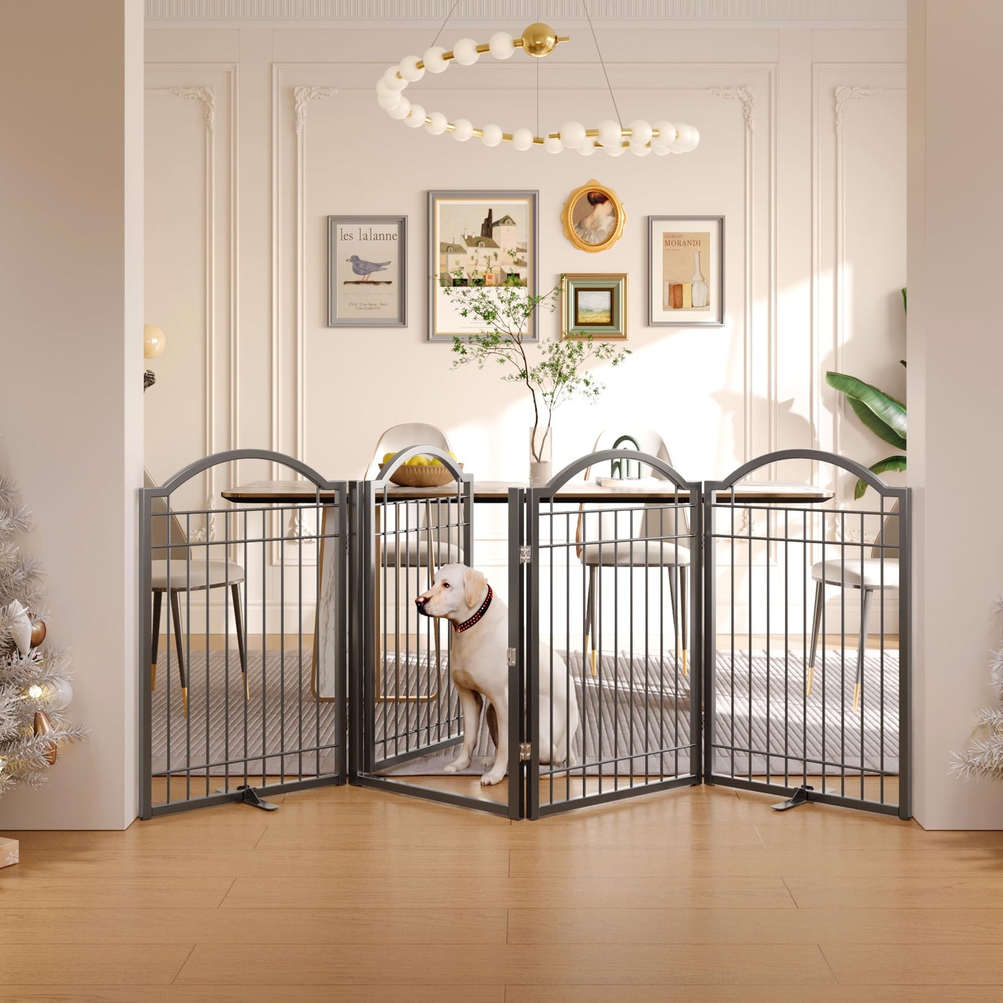 BHG Metal No-Assembly Freestanding Dog Gate with Door Walk Through, Extra Wide 96", Extra Tall 32" Pet Gate, Accordion Puppy Folding Playpen Dog Fence, with 2PCS Support (Black, 4 Panels)