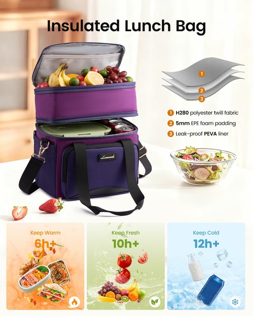 LOVEVOOK Insulated Lunch Bag For Women Men,Expandable Double Deck Lunch Box With Large Cup Holder,Leakproof Cooler Bag For Adult Lunch Tote Bag Work Picnic Beach with Adjustable Shoulder Strap Gift