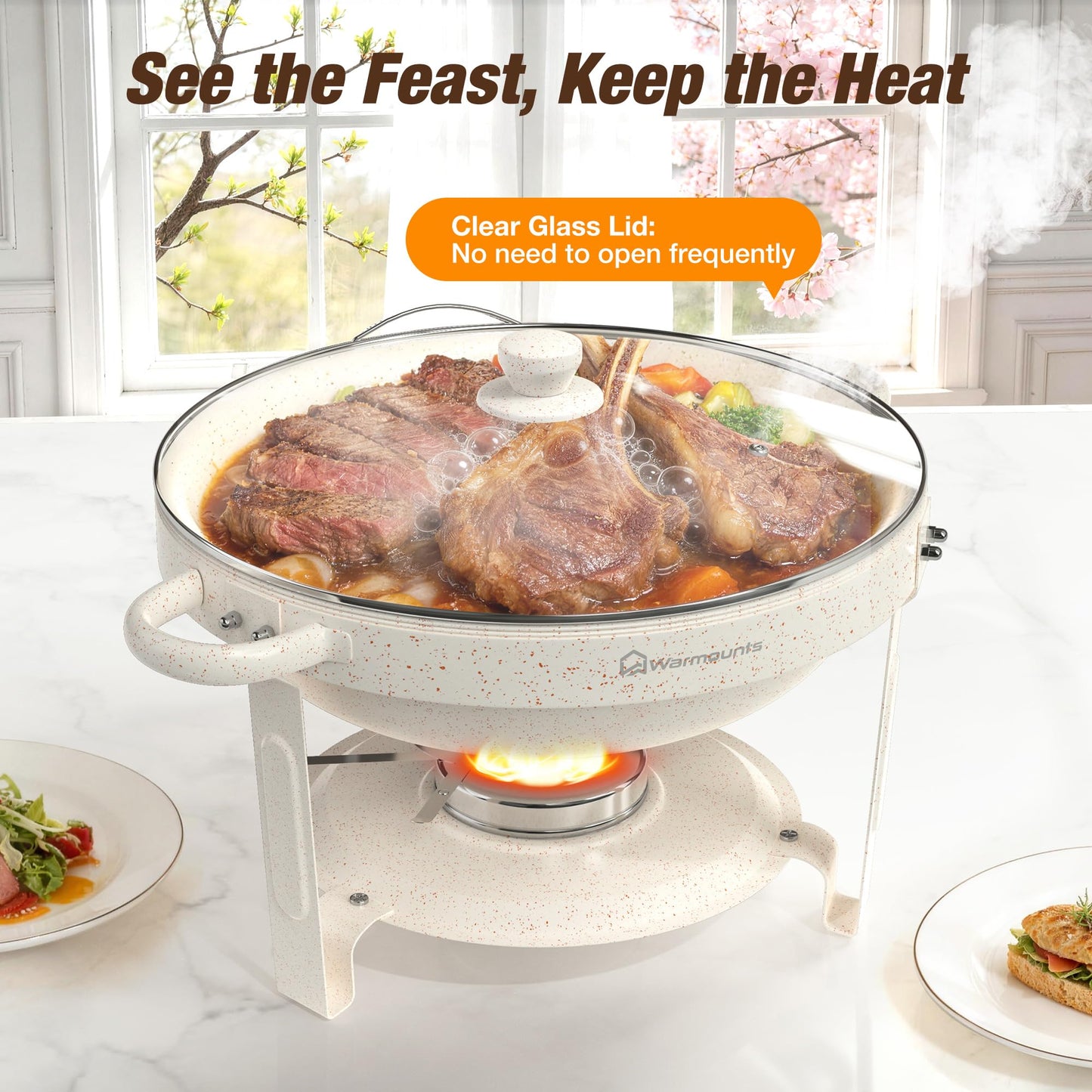 WARMOUNTS 5QT Chafing Dishes for Buffet Set, White Maifan Coated Stainless Steel Food Warmers for Parties Catering, Stackable Buffet Servers with Glass Lid & Holder 4 Pack