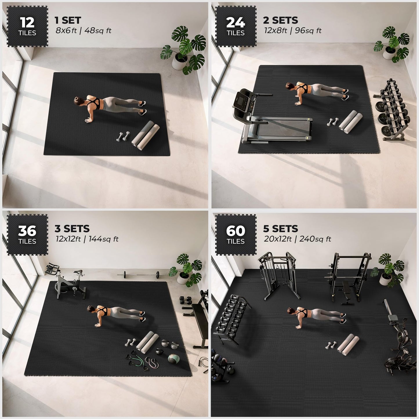 bemaxx Gym Mats Set - 12 pcs EVA Interlocking Foam Floor Tiles (24.4"x24.4"x0.4") 48 sqft Protective Gym Flooring Sports Home Workout Exercise Mats Puzzle Garage Fitness Play-Room Pool Treadmill Bike