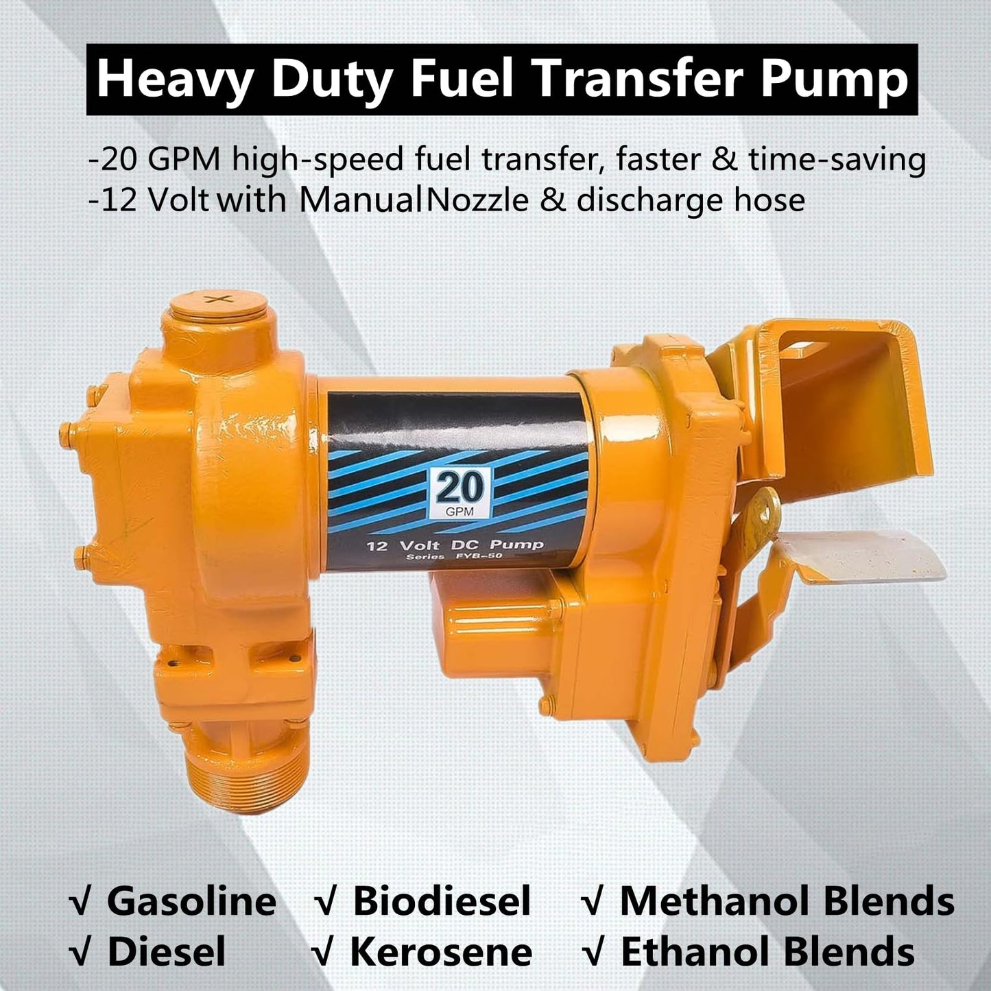 Weonefit 20GPM 12V Yellow Fuel Transfer Pump 50amp Fuse with Discharge Hose & Manual Nozzle for Transfer of Gasoline, Diesel, Kerosene, Ethanol & Methanol Blends & Biodiesel