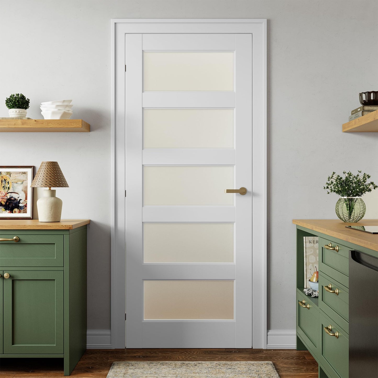 SMARTSTANDARD 5-Panel Frosted Glass Interior Door Slab, 32" x 80" Slab Door for Pantry Pocket Laundry Bathroom French, Solid Core Pre-Assembled Panel Without Hardware, White