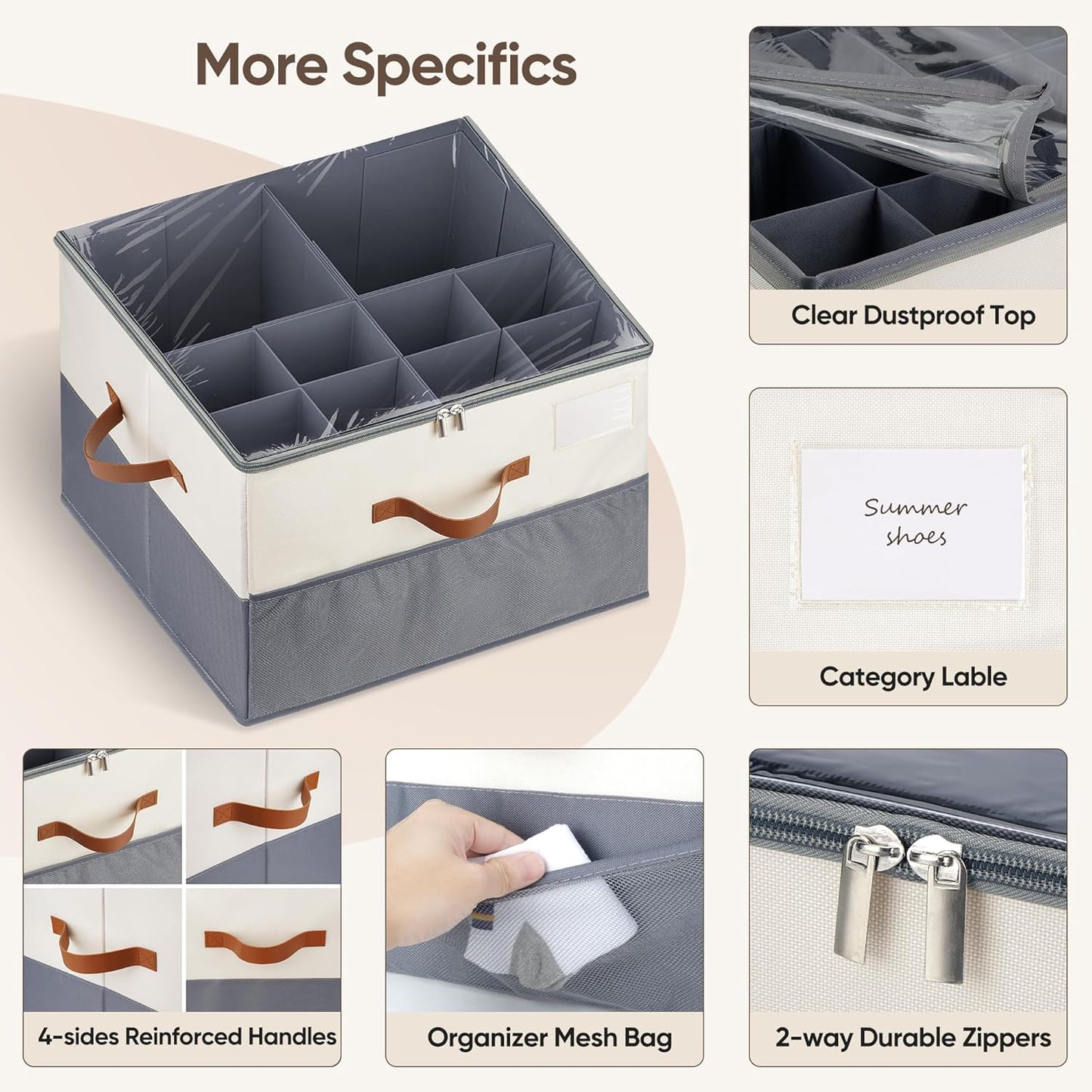 Regine Switzerland Shoe Organizer - 2 Pack Adjustable Storage Containers for 16-32 Pairs | Beige & Grey