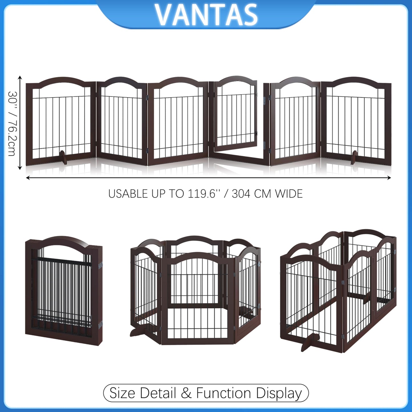 Vantas Espresso Wooden Folding Dog Gate 144" Wide x 30" Tall with Door, Freestanding Pet Gate, Pet Puppy Safety Fence