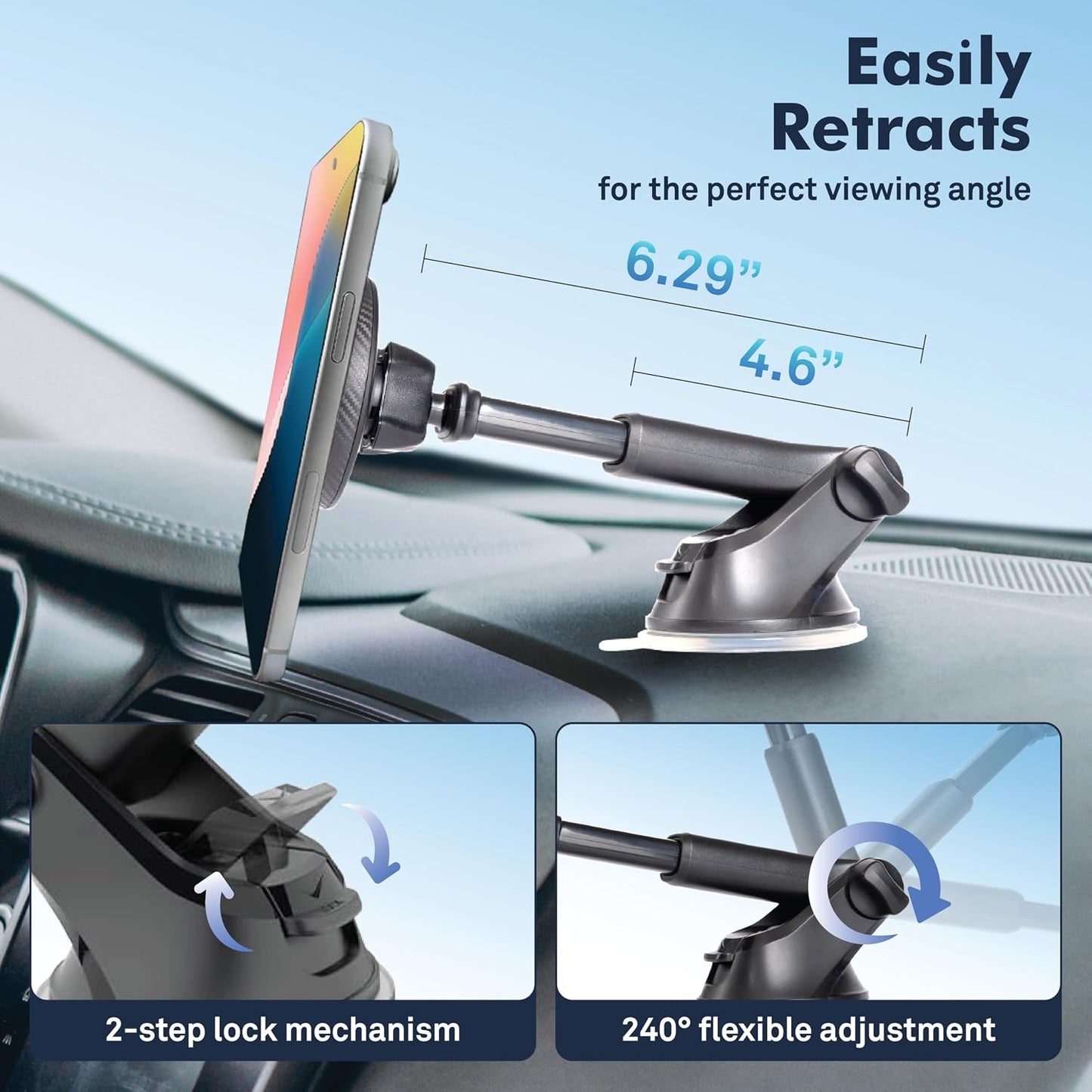 BELCO Magnetic Phone Holder for Car Suction Cup Phone Mount with Adjustable Rotating Arm and Lock Mechanism
