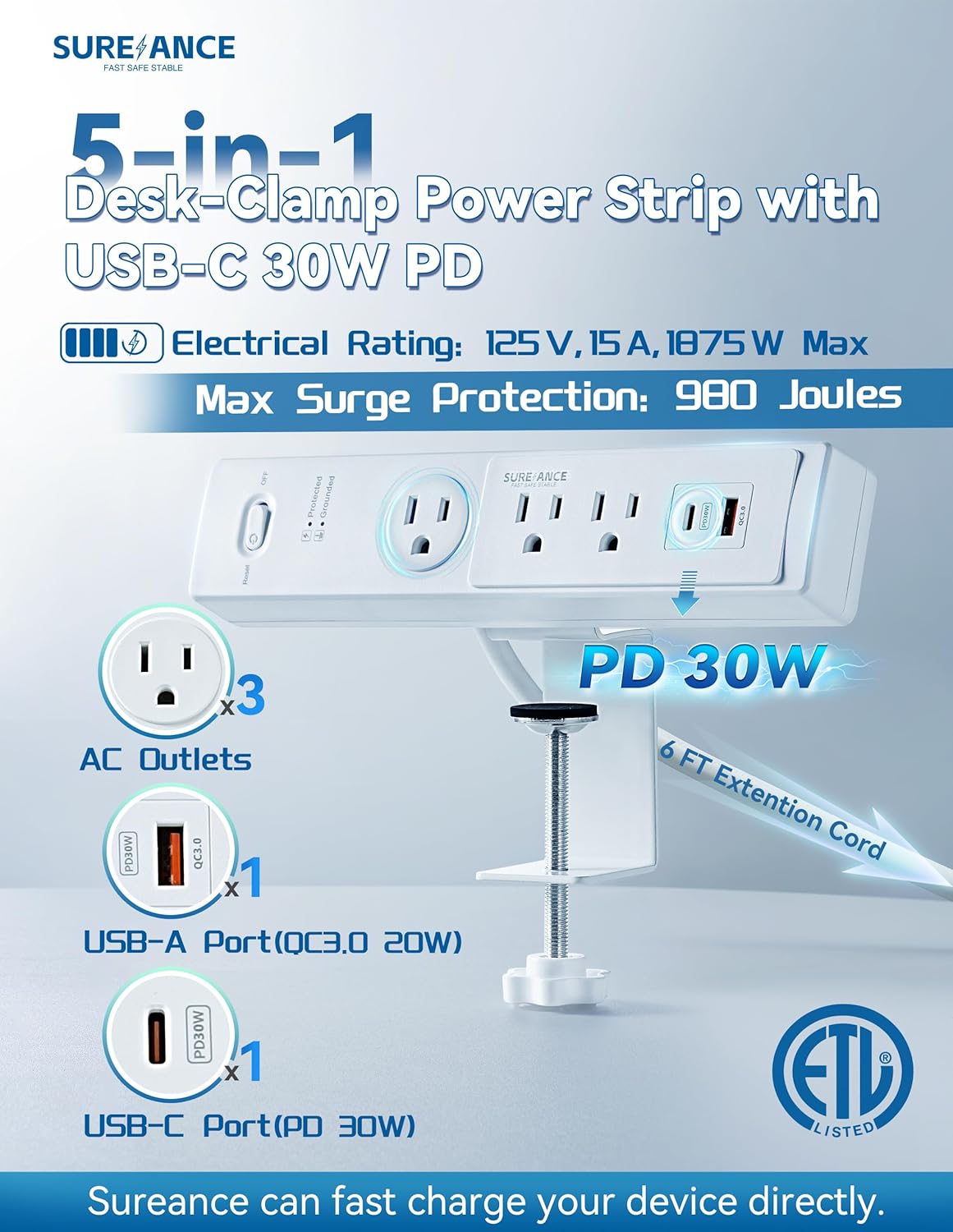 SUREANCE 50W 30W 2.5" 980J 20W 6FT Desk Clamp Power Strip with USB-C PD, Desktop Mount Surge Protector, Fits Max Table