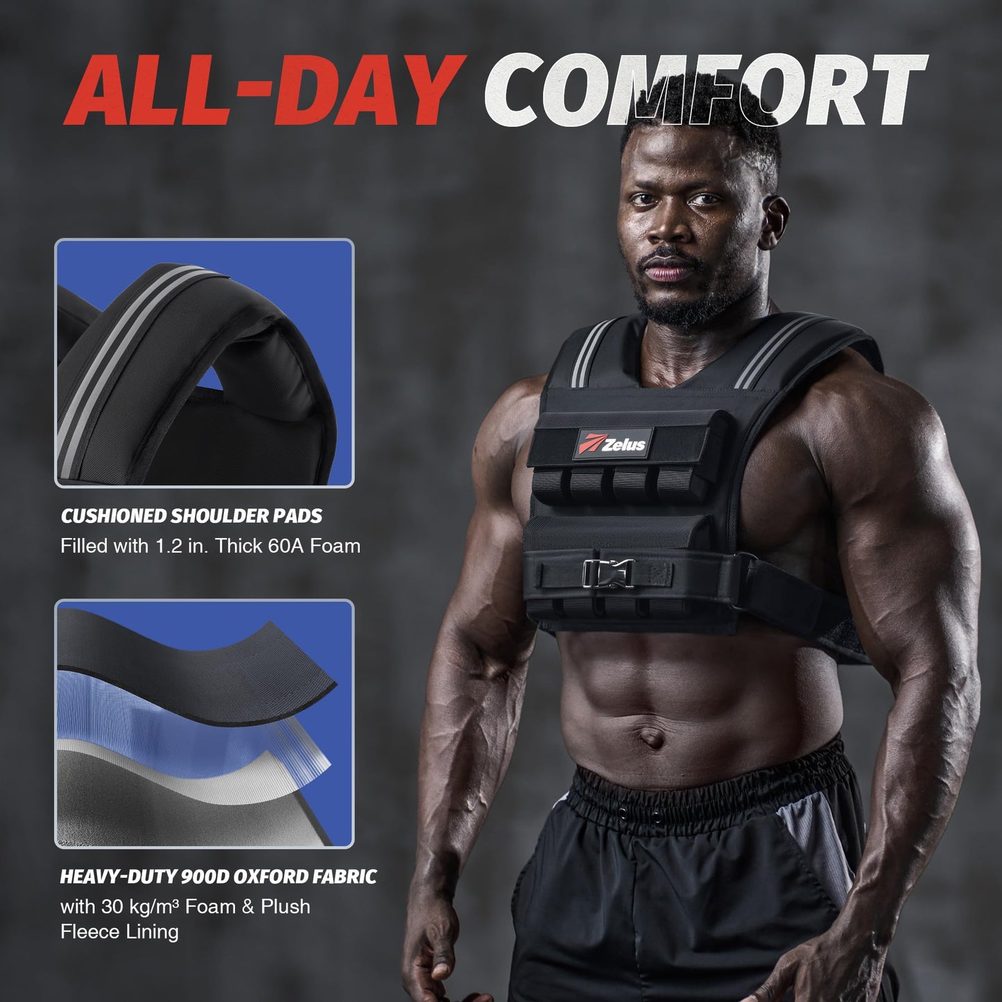 ZELUS Weighted Vest Men, 23lbs/36lbs/45lbs Adjustable Weight Vest with 10/16/20 removable Iron Weights and Reflective Strips, No-Bounce Design for Strength Training, Running, HIIT & Calisthenics