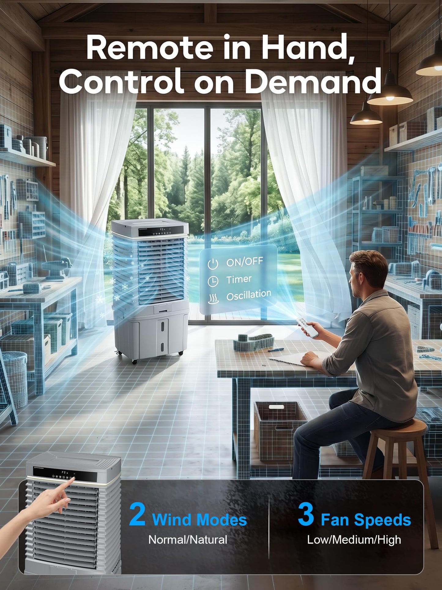 4000CFM Swamp Cooler, Outdoor Air Conditioner with 13.5Gal Detachable Water Tank, Portable Evaporative Air Cooler with Ambient Light, Patio AC Unit, 120° Oscillation Water Cooling Fan for Garage