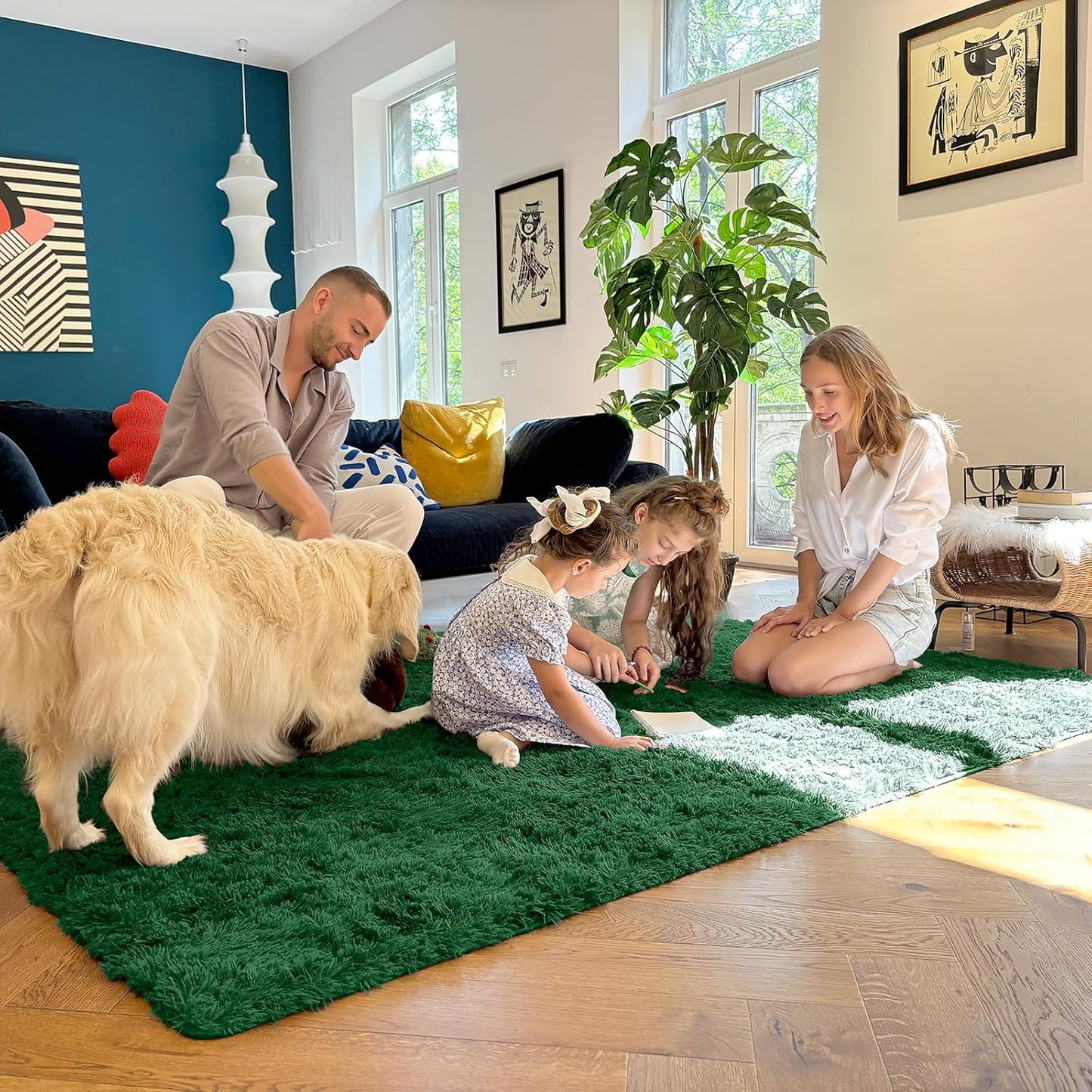 OLANLY Area Rugs - Soft Fluffy Shaggy Indoor Carpet for Living Room & Bedroom | 4x5.9 ft Dark Green