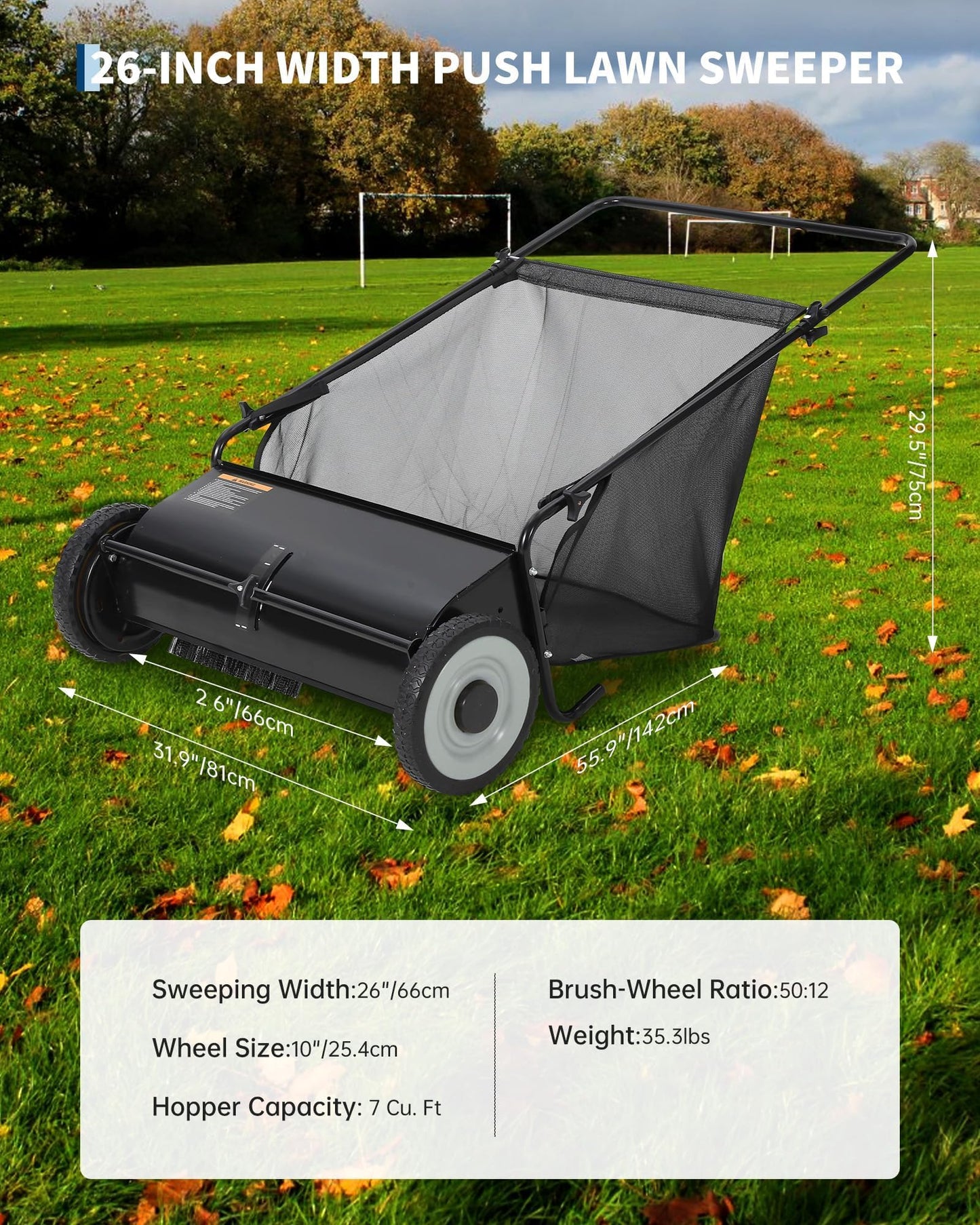 26-Inch Push Lawn Sweeper – 4 Fast Brushes, 7 Cu.ft Collector, Adjustable Height – Durable Steel Frame – Manual Hand-Push for Yard, Garden, Patio & Driveway Cleanup