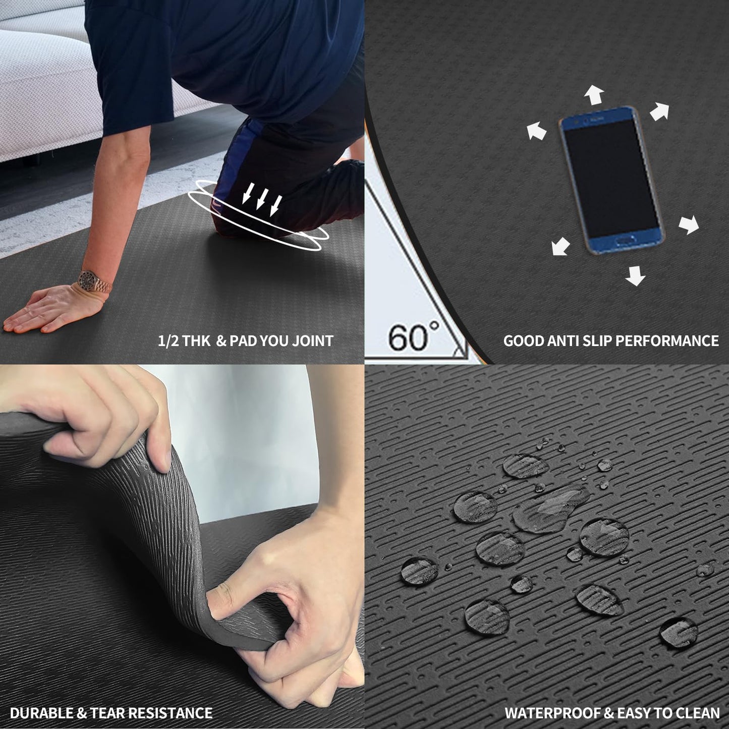 Hatha Yoga Large TPE Yoga Mat 6'x4'x1/2" Extra Thick Non-Slip Exercise Mat - for Yoga Pilates & Home Gym Workouts(Black)