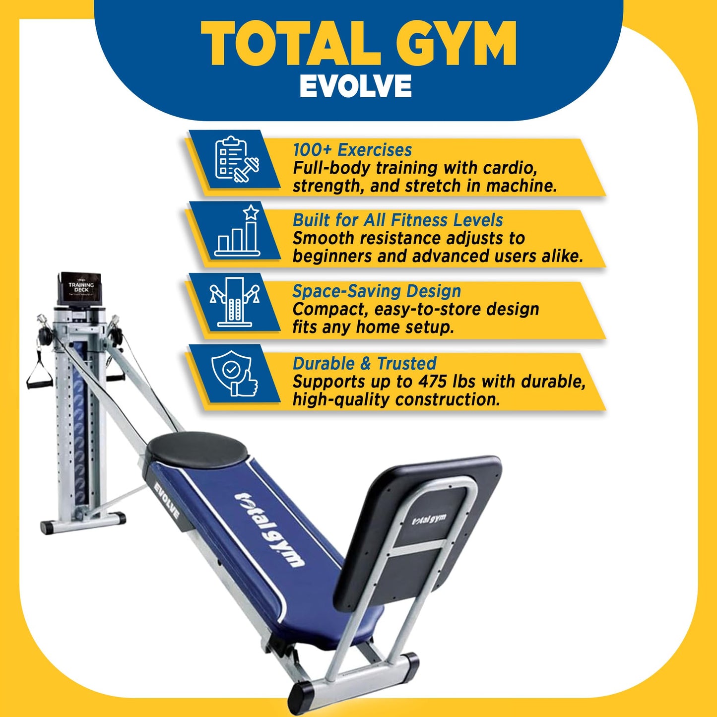 Total Gym Evolve, Incline Bodyweight Training Home Exercise Machine w/ Adjustable Glideboard, 16 Levels of Resistance, & Deluxe Squat Stand