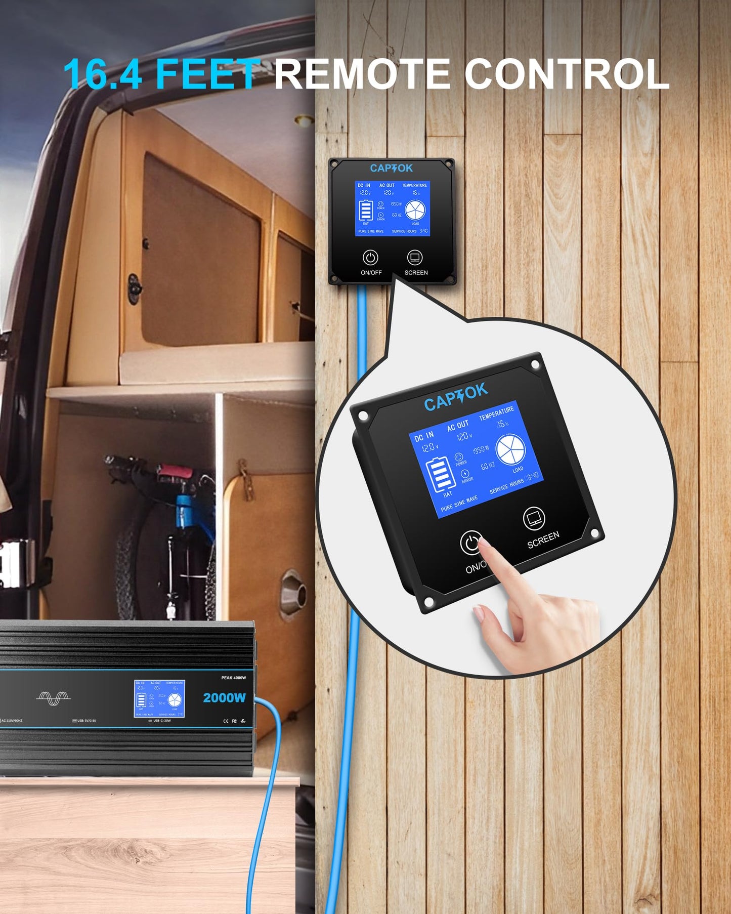 CAPTOK 2000W Pure Sine Wave Inverter DC 12V AC 120V Double LCD Screen Remote Control Power Inverter 30W USB-C 4AC Outlets for RV, Home, Solar System