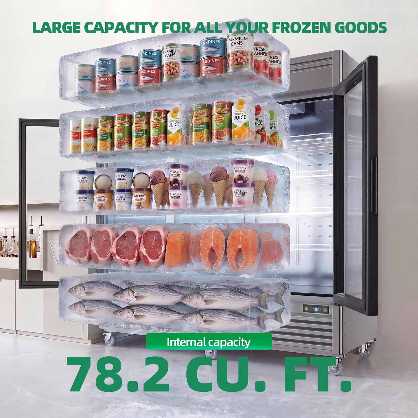 Coolski Commercial Display Freezer with 3 Glass Door, 47.2 Cu.ft. Upright Merchandiser Freezer for Ice Cream and Frozen Food, Adjustable Shelves, Auto Defrost, LED Lighting, ETL DOE Certified