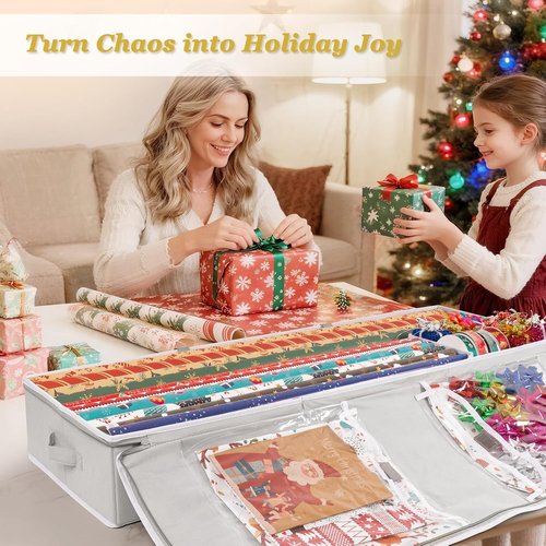 Criusia Gift Wrapping Paper Organizer - Durable Underbed Storage for 24 Rolls | Removable Dividers & Pockets, Grey