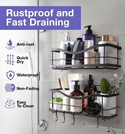KINCMAX Premium Shower Caddy - Rustproof Stainless Steel Organizer with 4 Hooks | No Drill, Matte Black