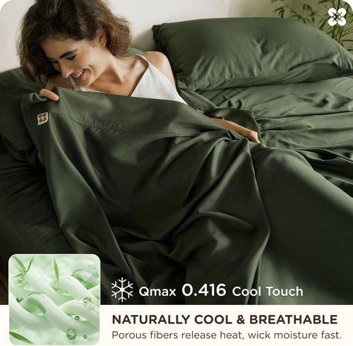 Bedsure Queen Sheet Set - 100% Organic Bamboo Viscose | Cooling & Silky Soft | 18" Deep Pocket | Oeko-Tex Certified [Olive Green]