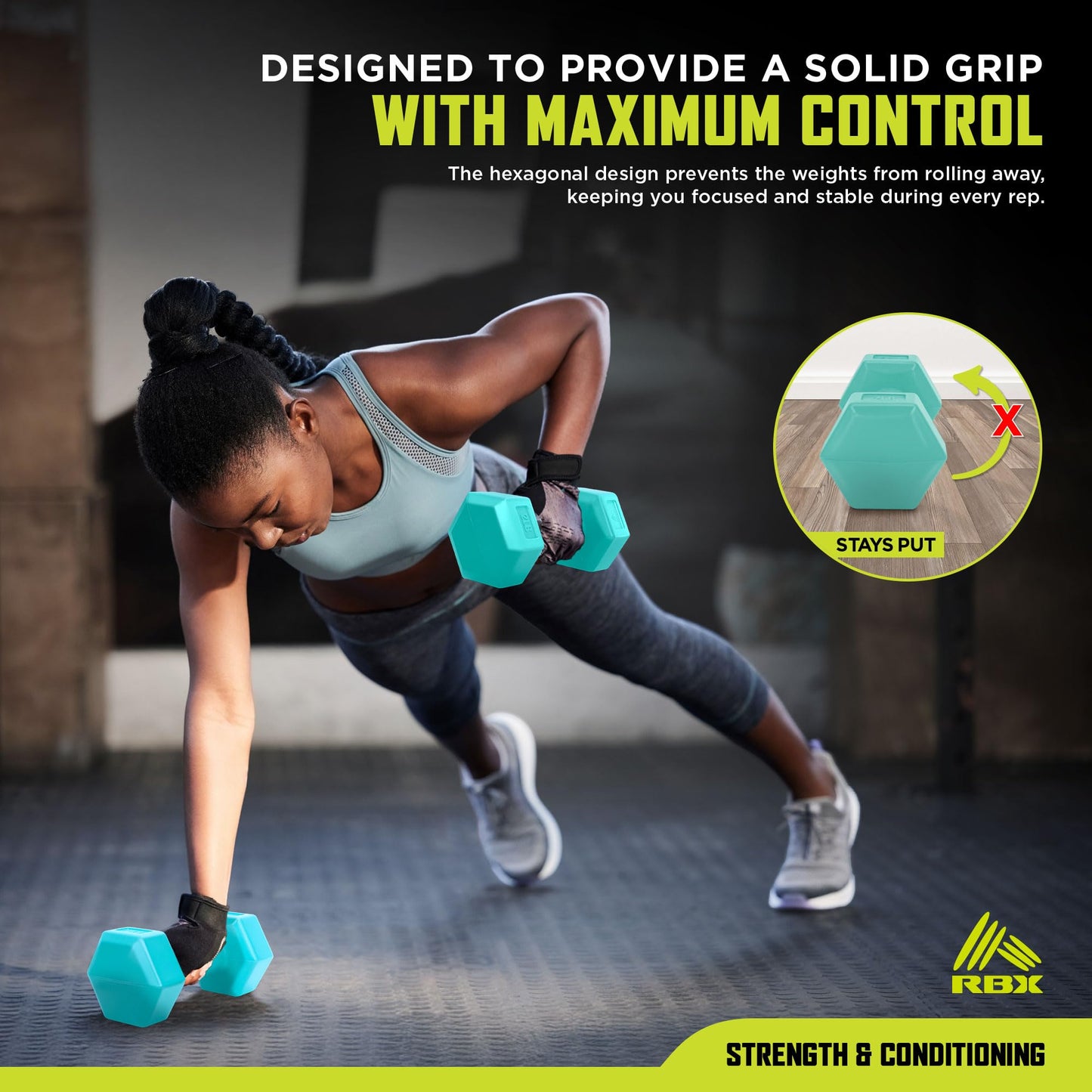 RBX 4lb Pair Hex Dumbbells, 2lb Each, Hex Shape for Stability, Compact for Easy Portability, Dumbbell Set for Strength Training, Cardio, Walking, and More, All Fitness Levels (Mint)
