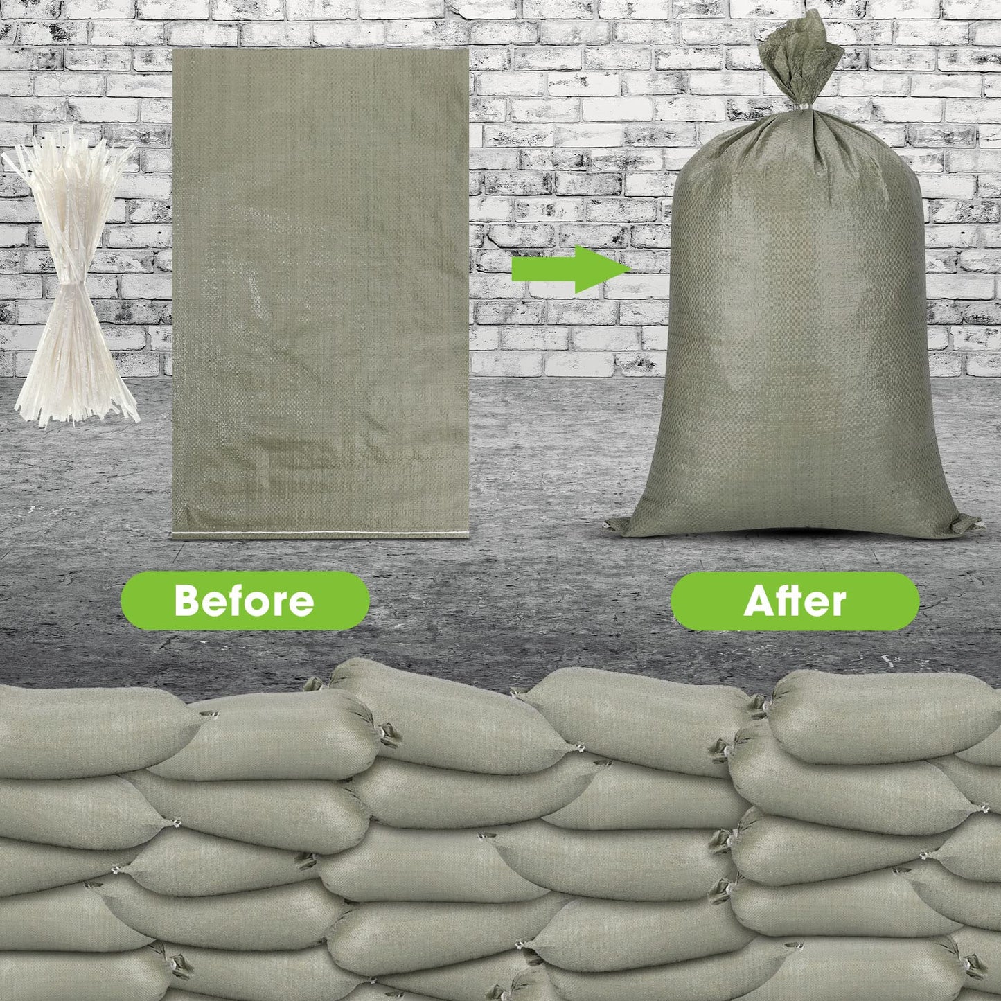 Nuenen 300 Pieces Heavy Duty Sand Bags with Ties Empty Woven Polypropylene Sand Bags Bulk for Hurricane Flooding, Sand Bags Flood Protection, Store Bags, 14" x 26"