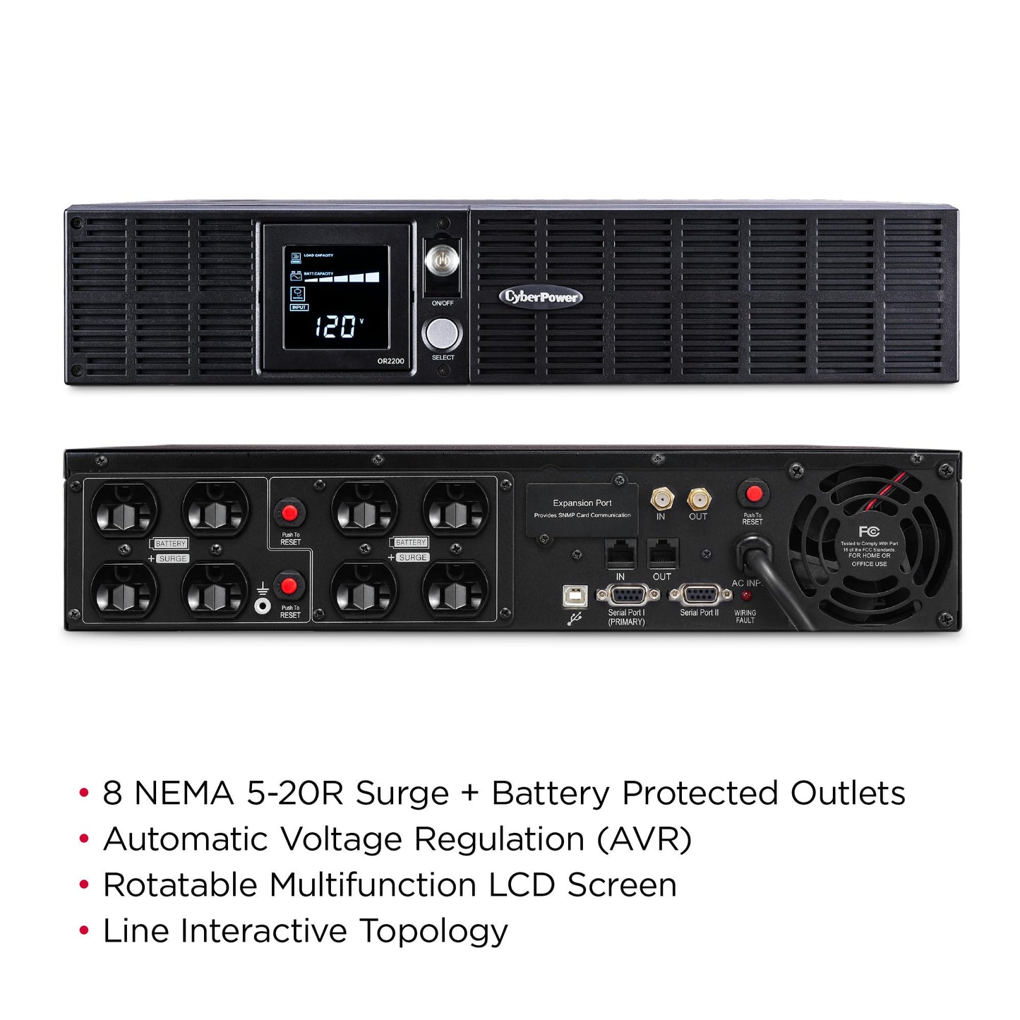 CyberPower OR2200LCDRT2U Smart App LCD UPS Battery Backup and Surge Protector, 2000VA/1320W, 8 Outlets, AVR, 2U Rack/Tower, UL Certified