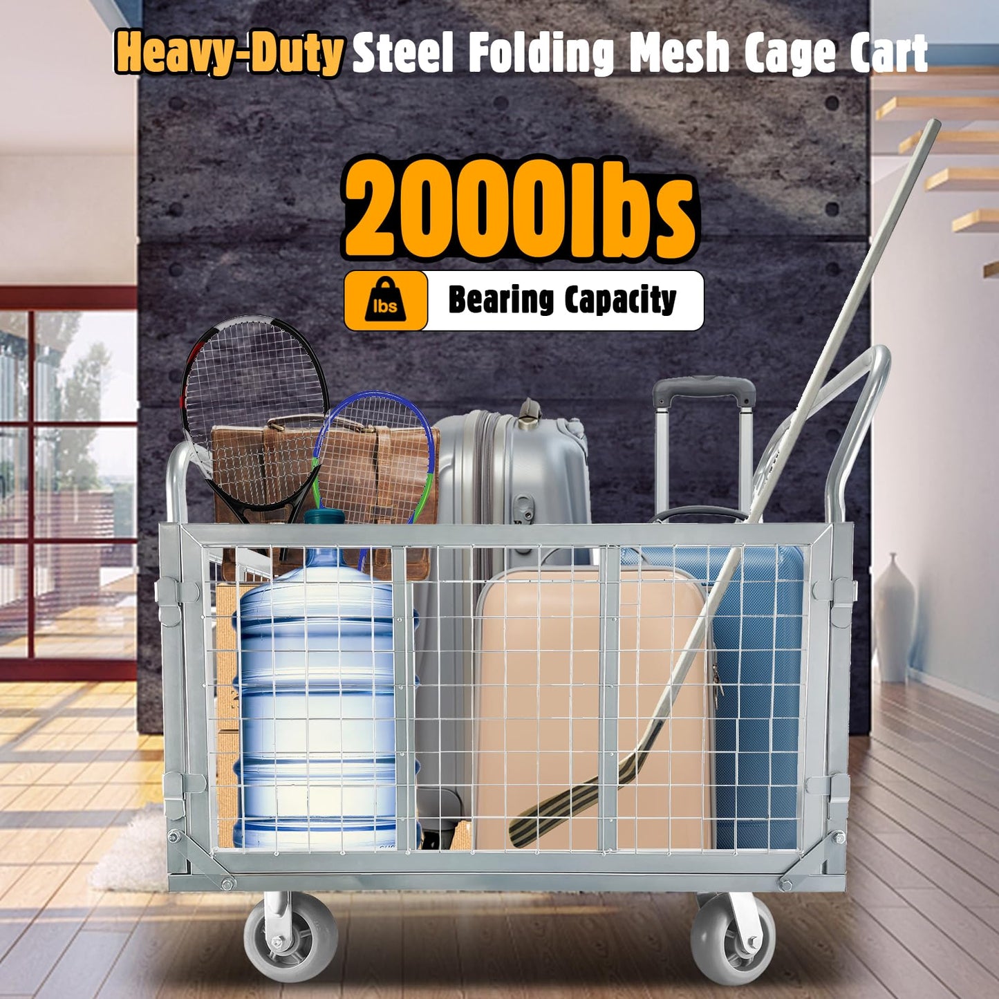 2000lbs Capacity Platform Truck Cart with Cage 6-in-1 Multi-Purpose Flatbed Cart 39"x24" Foldable Heavy Duty Push Cart Dolly W/Swivel Wheel & Rmovable Side for Groceries, Garage, Warehouse, Laundry