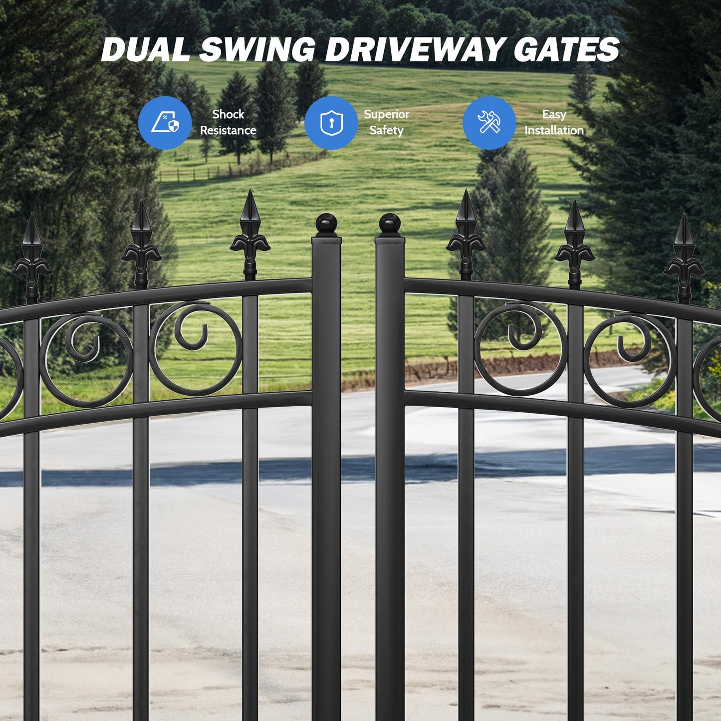 ZUMI Double-Swinging Driveway Gates, 12 x 6 feet, Heavy-Duty Driveway Fence Gates for Home Security, Weatherproof Iron Outdoor Security gate kit, Sydney Style