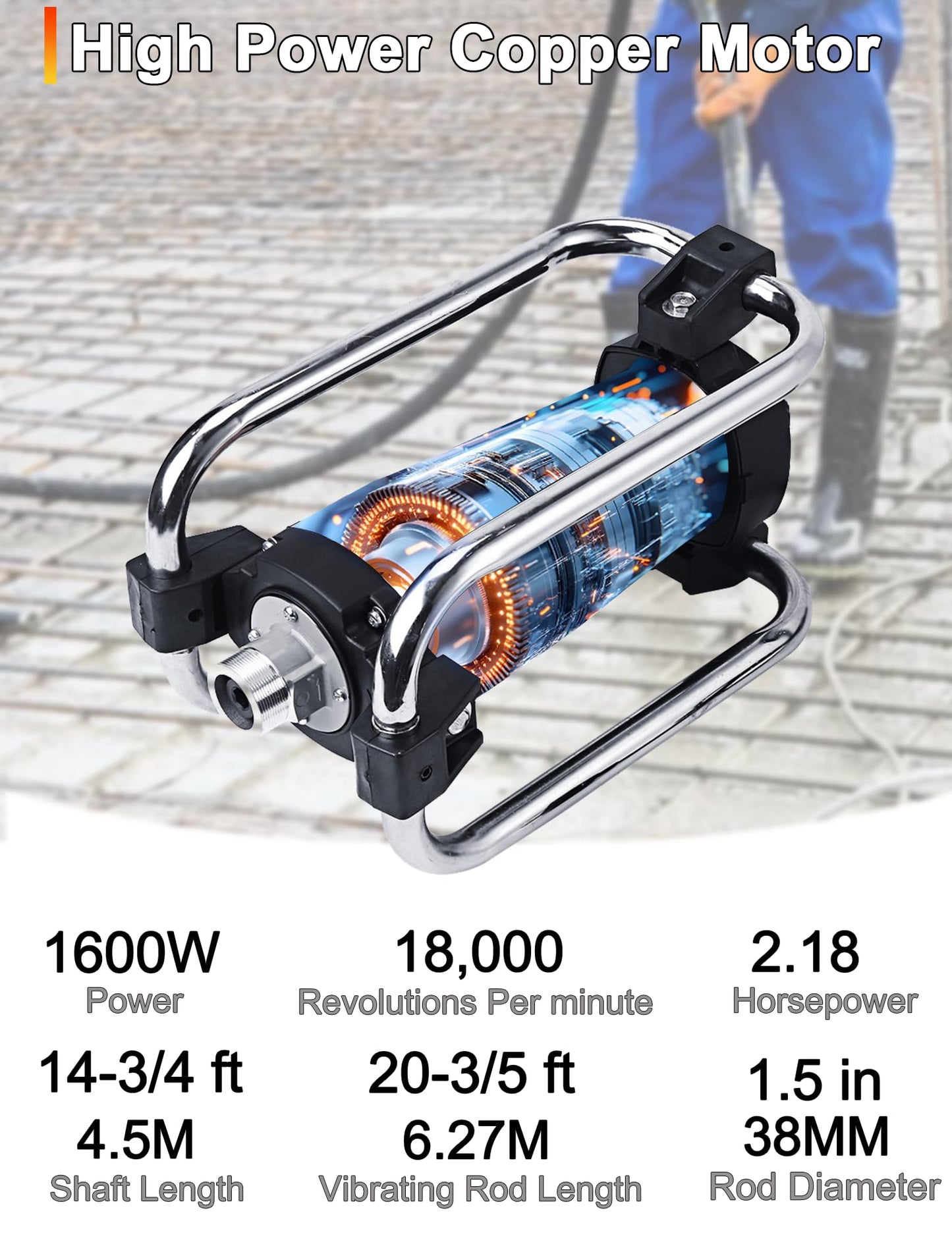 BIZOEPRO Concrete Vibrator, 1600W 2HP 18000RPM, 14-3/4ft Flexible Shaft, Electric Concrete Vibrating Tool, Hand Held Power Concrete Vibrators, Portable for Construction, Remove Air Bubbles Level Tool