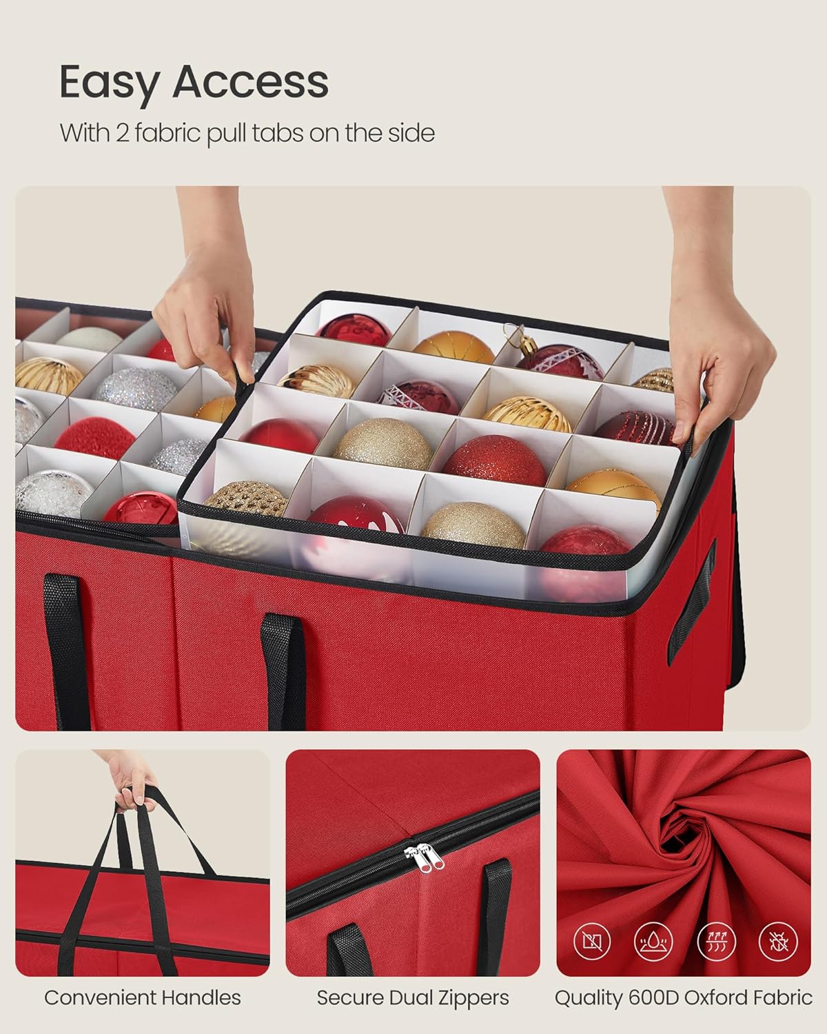 SONGMICS Christmas Ornament Storage Box - Stackable Dual Zipper Container with 128 Slots - Cherry Red, 600D Oxford