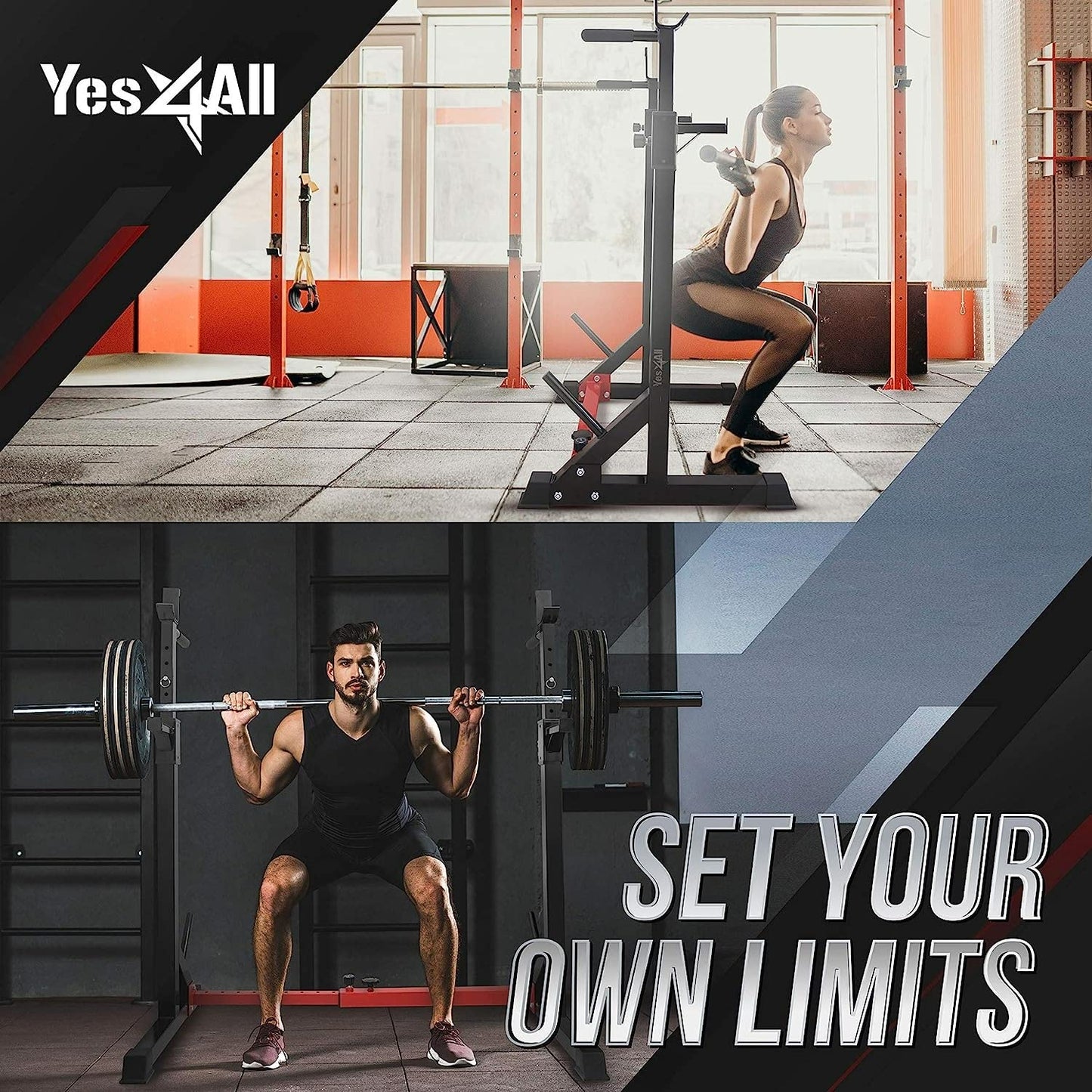 Yes4All Adjustable Barbell Rack, Multi-Function Squat Rack, Weight Lifting Home Gym, Dip Bar Station, Bench Press Rack Stand, Weight Plate Storage, Capacity Up to 550LBS