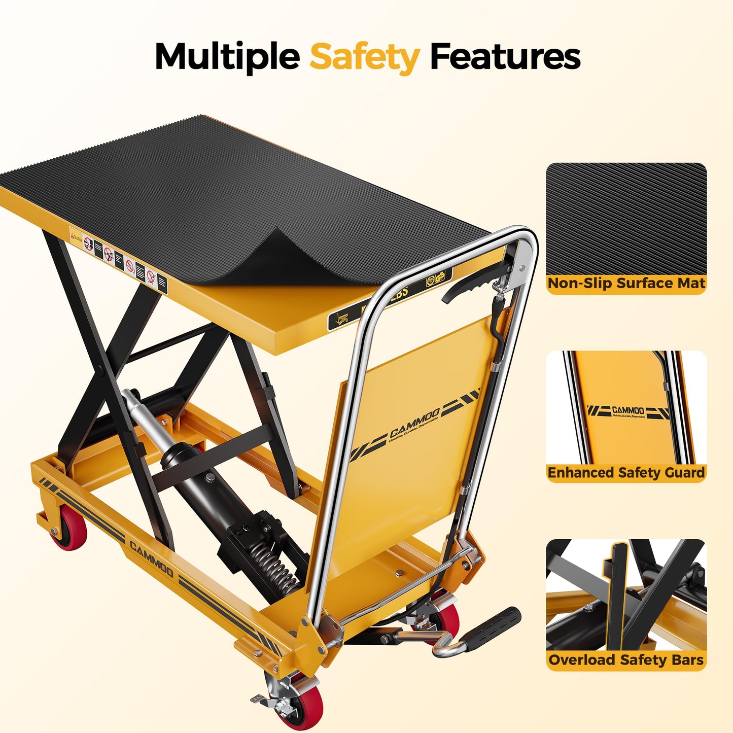 CAMMOO Foldable Hydraulic Lift Table Cart, 330lbs Capacity, 28.5" Lifting Height, Single Scissor Lift with Non-Slip Pad & Thickened Scissors Design for Material Handling and Transportation, Yellow