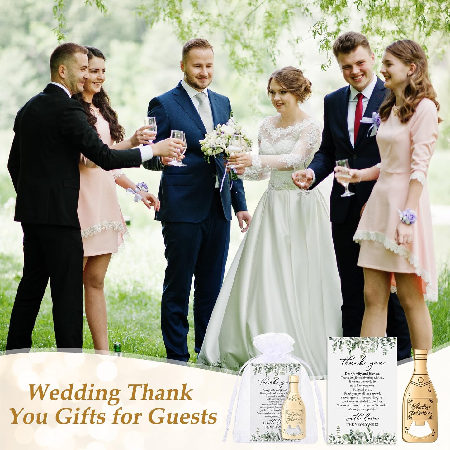 Suclain 50 Sets Wedding Favors for Guests Bulk Wedding Souvenirs Include Cheers to Love Bottle Openers Thank You Cards and Organza Bags Bridal Shower Gifts Decorations