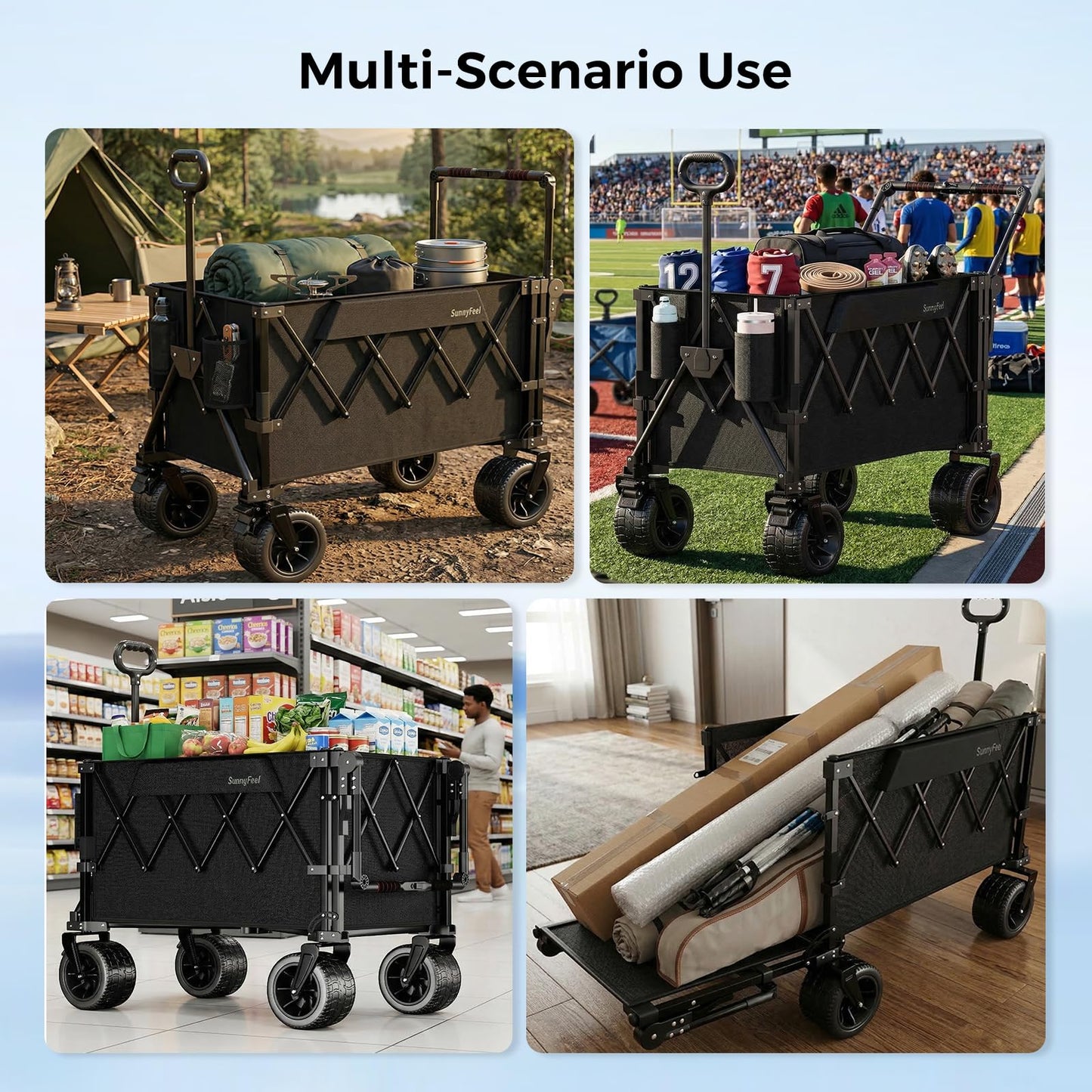SUNNYFEEL 550LBS Collapsible Wagon Cart - Heavy Duty Push Pull Foldable Wagon with Dual Handles and Big Wheel,Utility Cart with Rear Tailgate for Camping, Fishing, Gardening, Shopping, Black